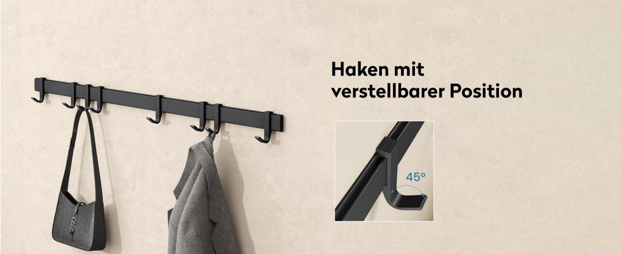 doporro Garderobenhaken Aluminium, 6 Verschiebbare Wandhaken, selbstklebend & stabil, Kleiderhaken Wand für Jacken und Handtücher Matt Schwarz Stalo-12