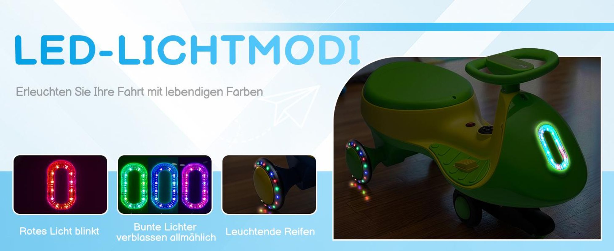 Kinder-Elektroauto 12V, Elektrisches Rutschauto mit Pedal, 2 Geschwindigkeiten und Kippschutz, Bluetooth, für Kinder ab 3 Jahren, Grün & Gelb