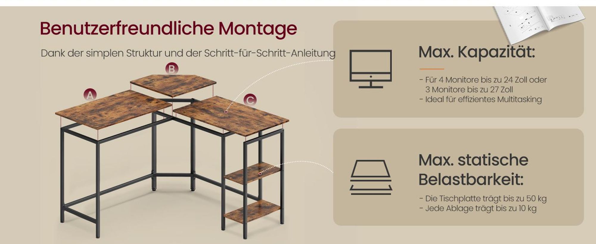 VASAGLE Eckschreibtisch mit Ablagen, L-förmiger Computertisch, 130 x 130 cm, für Büro, einfacher Aufbau, braun-schwarz
