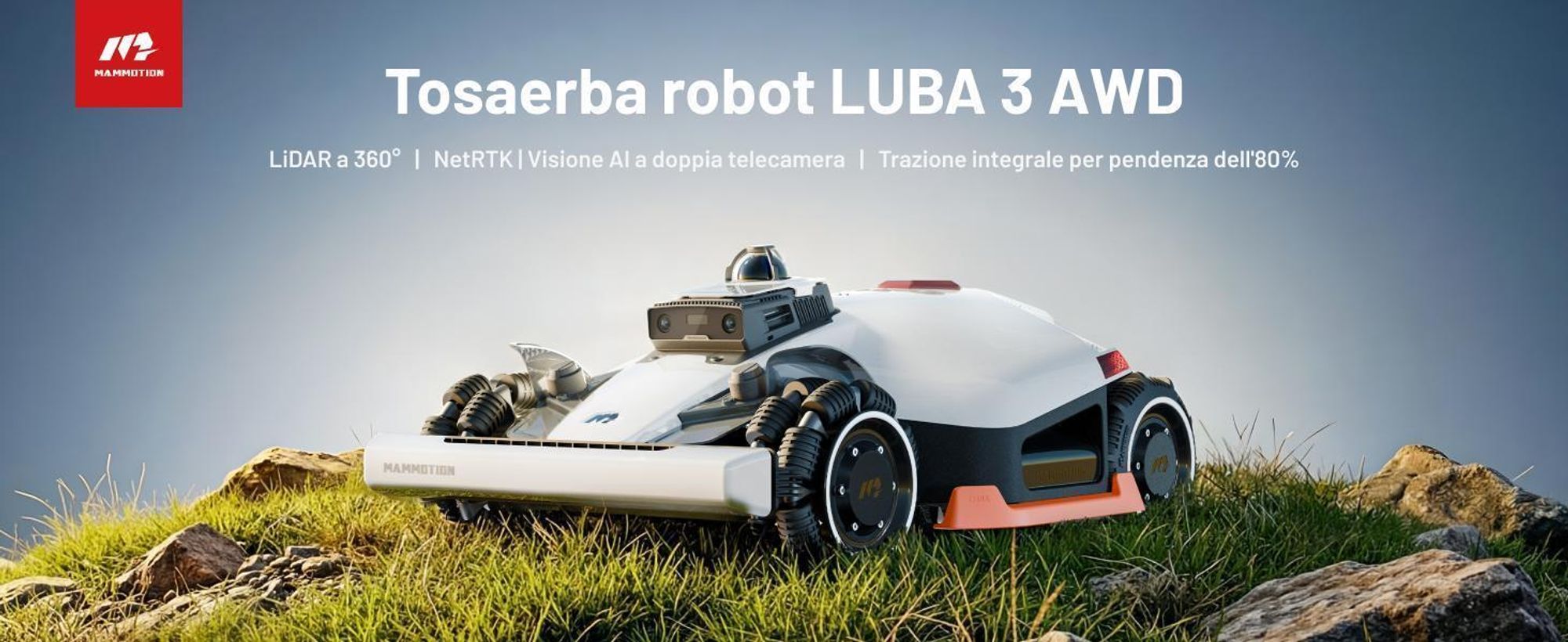 Robot tagliaerba Mammotion LUBA 3 AWD 5000 con garage, fino a 5000 m², trazione integrale, pendenza 80%, mappatura automatica, modulo 4G, APP