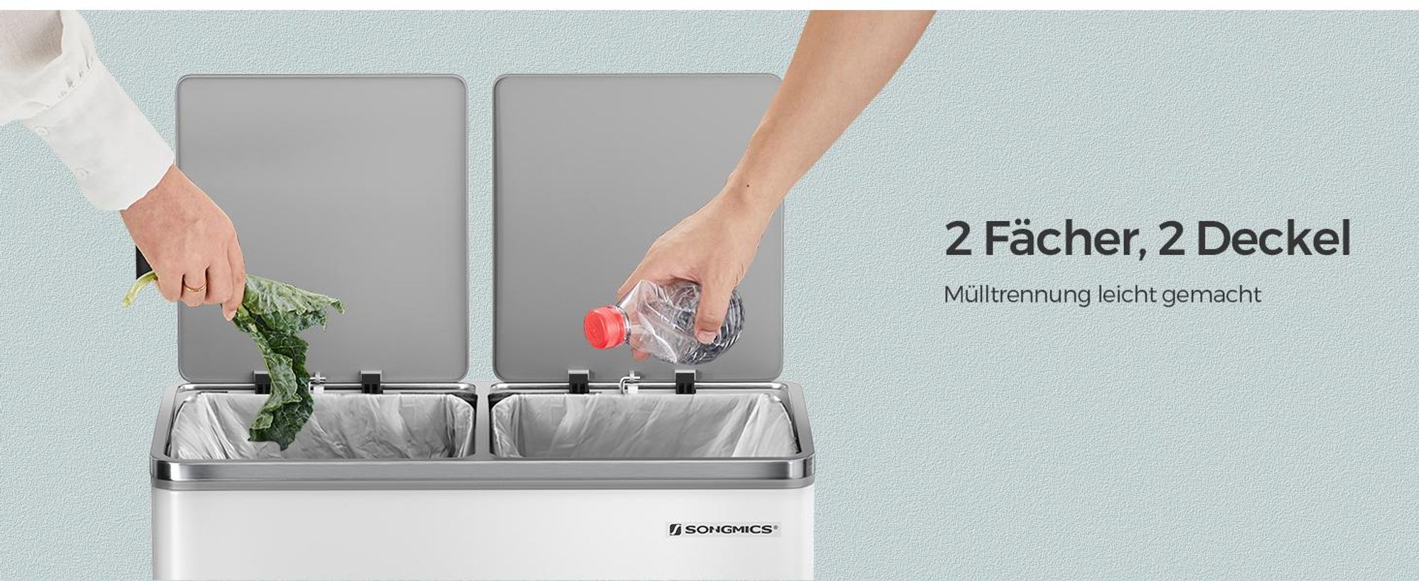 SONGMICS Mülleimer Mülltrennsystem, mit 2 Fächern, 2 x 30 L, Küche