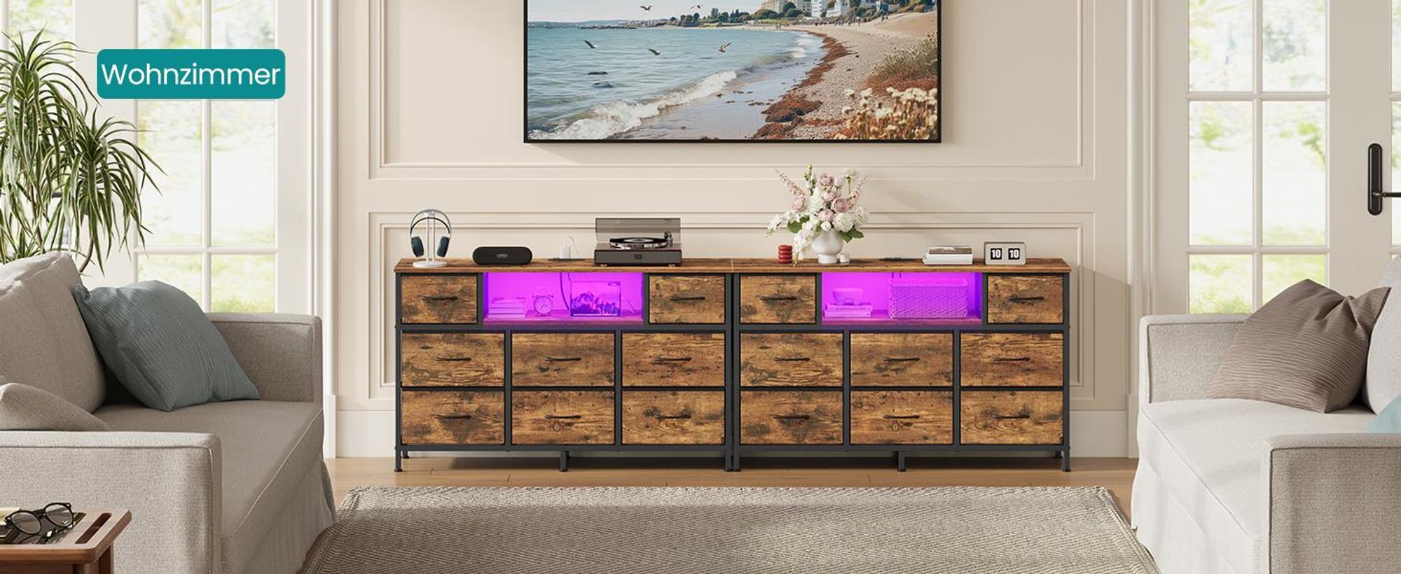 SONGMICS Kommode mit 8 Stoffschubladen, TV-Schrank mit LED und Steckdosen, 113,8 x 30 x 68,1 cm, Vintagebraun
