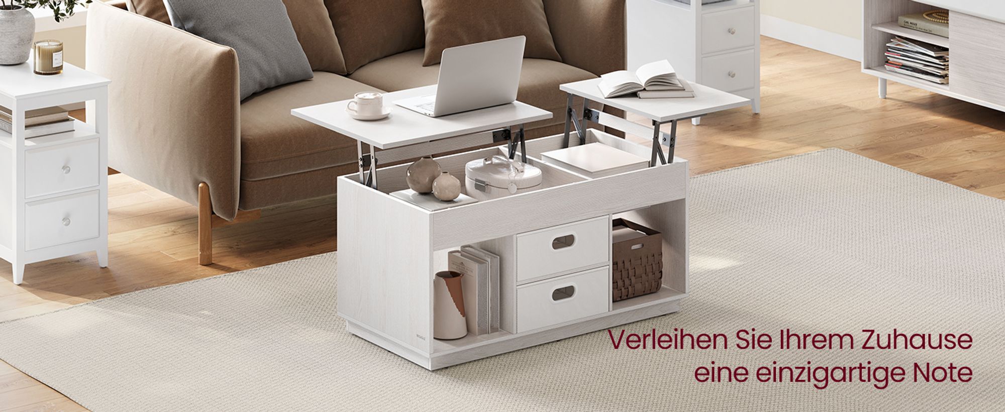VASAGLE Couchtisch, höhenverstellbarer Wohnzimmertisch, 2 Schubladen und versteckte Fächer, Kaffeetisch, offene Fächer, für Wohnzimmer, Homeoffice