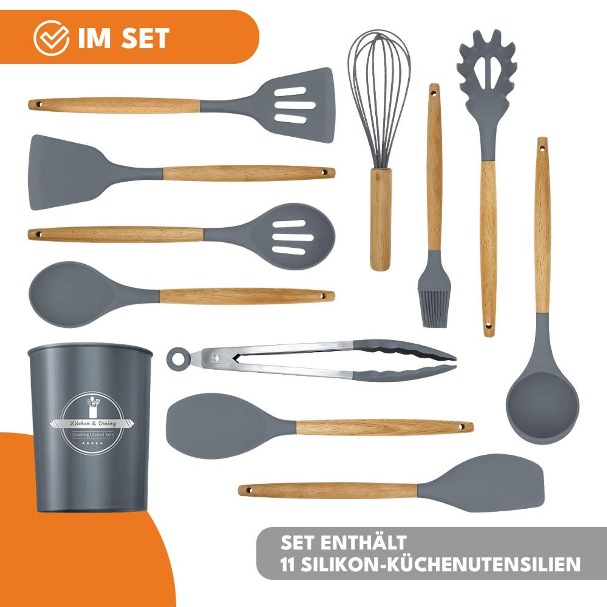KRUMAD Silikon Küchenutensilien Set 11-teilig mit Holzgriffen, Kochbesteck Set mit Behälter, Küchenhelfer für Antihaft Pfannen, Grau