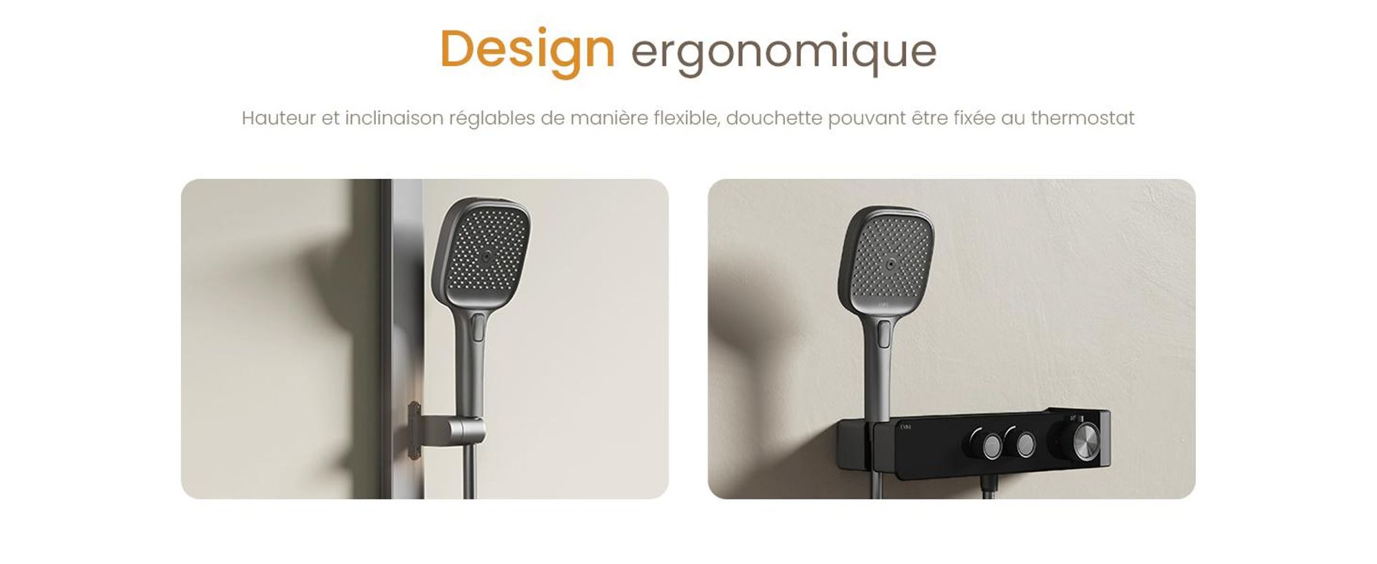EMKE Système de douche avec thermostat divisé Anthracite mat Réglable en hauteur Barre de douche 3 jets Douchette à main Réglage du débit d'eau Montage flexible