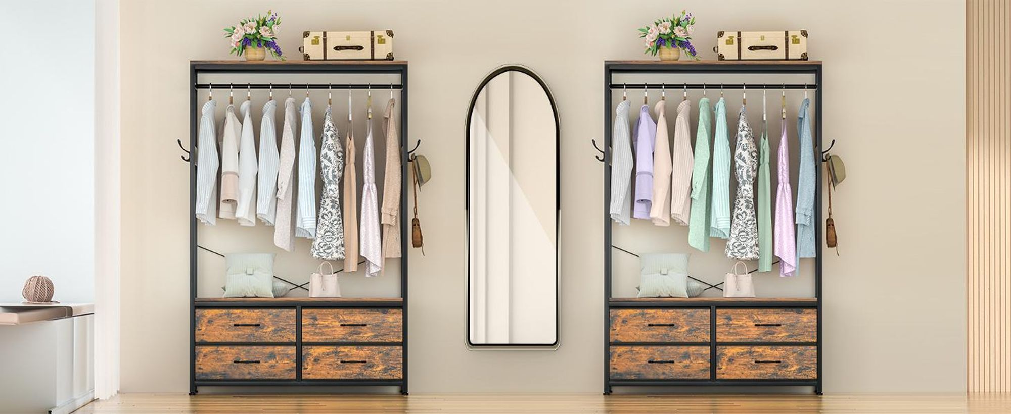 Yorbay Kleiderständer Freistehende Garderobenständer mit 4 Schubladen 4 Haken offener Kleiderschrank, Holz und Stahl Vintage