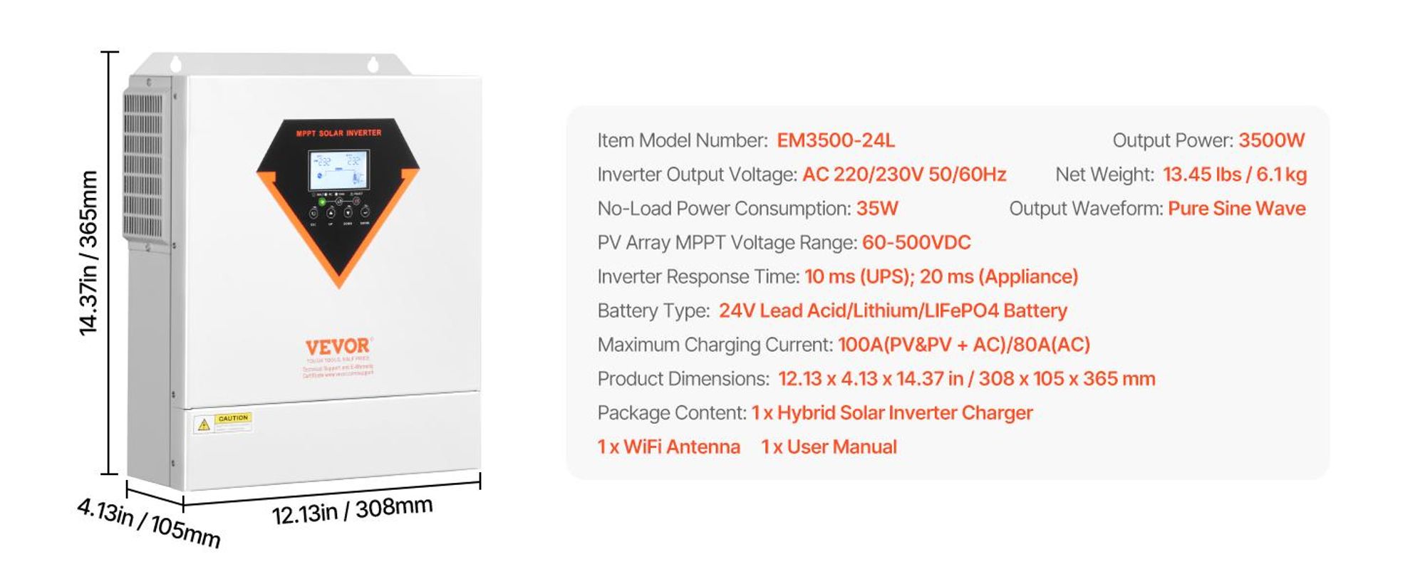 VEVOR Hybrid-Solarwechselrichter, 6000W, All-in-One reiner Sinuswellenwechselrichter-Ladegerät, 48V DC zu einphasigem 220/230V AC, mit 120A MPPT-Solarkontroller, für netzunabhängige Systeme mit Blei-Säure- und Lithiumbatterien, 3500W mit WiFi-Modul