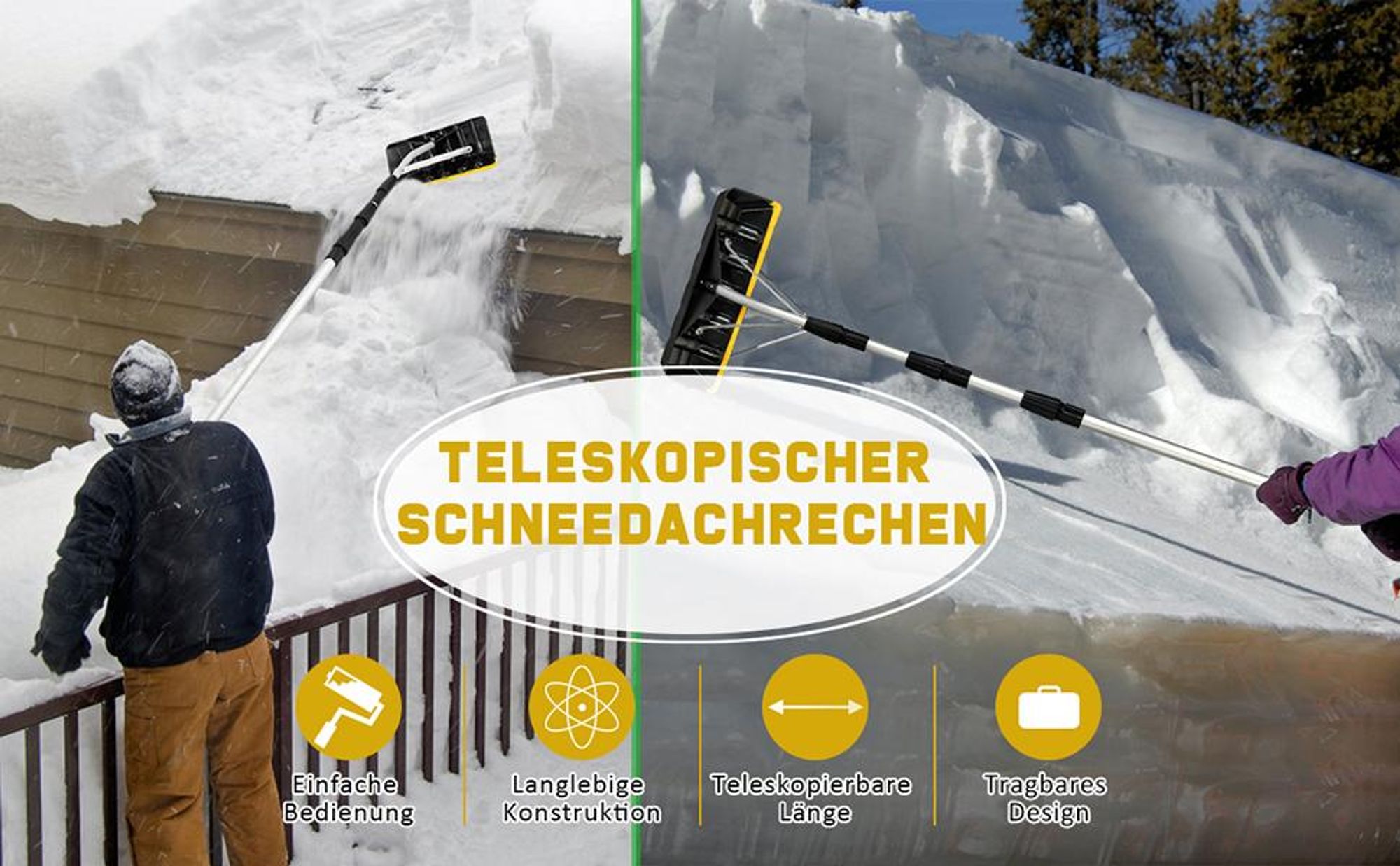 COSTWAY Schneeschaufel Dach, Einstellbereich 201-630 cm, Dachschneeräumer aus Aluminium, Schneeschieber Schneeräumer Dachräumer mit Rutschfester Griff