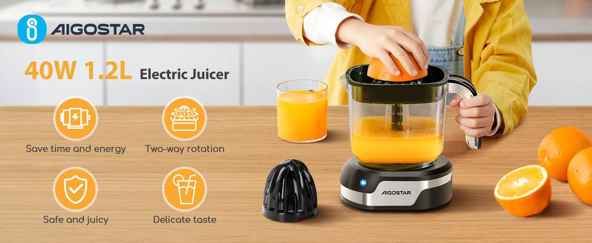 Aigostar - 1,2L Elektrische Zitruspresse mit LED-Arbeitslampe und 2 abnehmbaren Kegeln, Großes Volumen, 40 W, Saftpresse