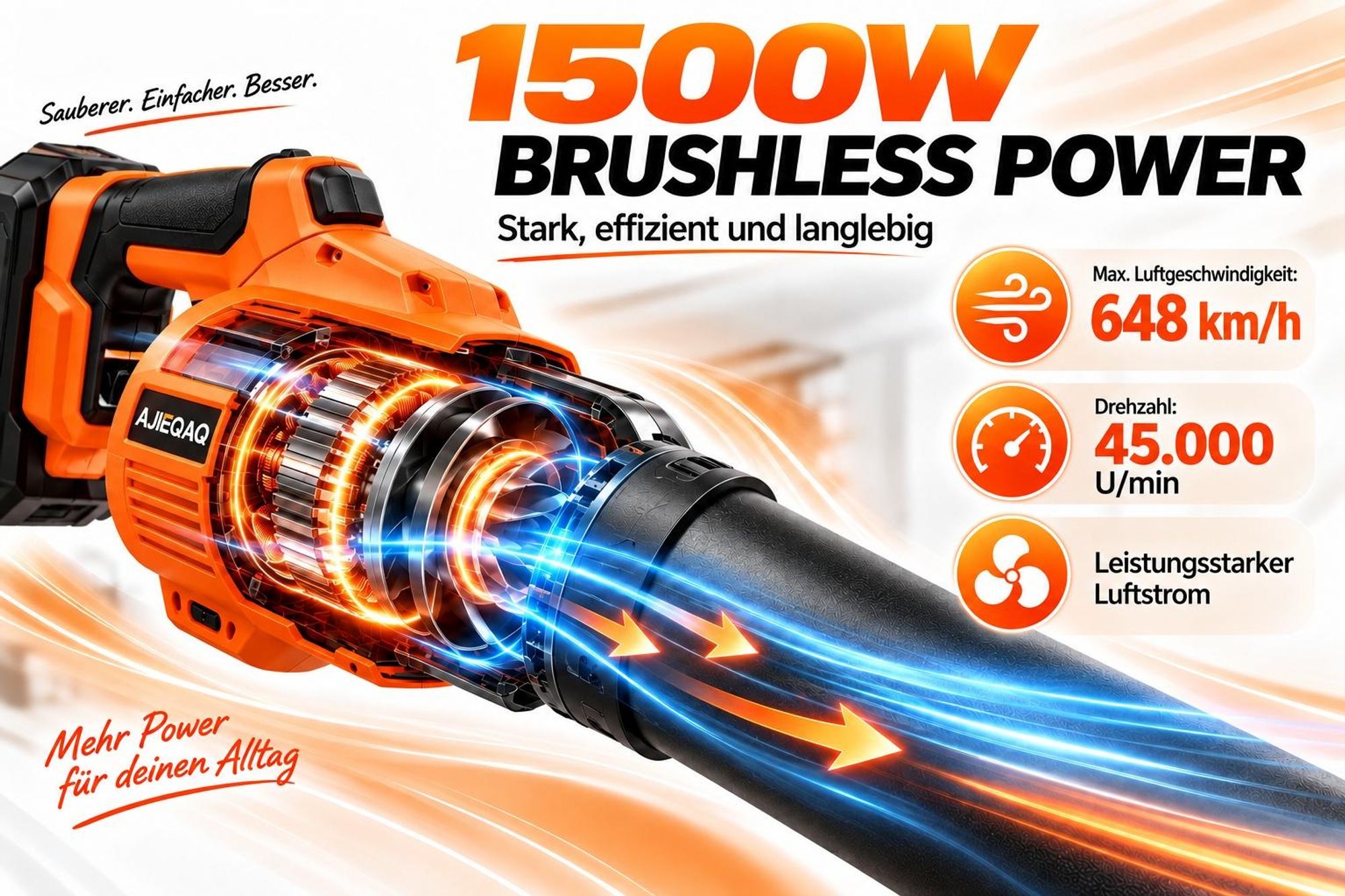 Akku-Laubbläser 21V Brushless, 1500W, 648 km/h, 6 Stufen + Turbo, 2×4,0Ah Akkus, 360° Griff, für Laub, Schnee, Auto & Trocknen