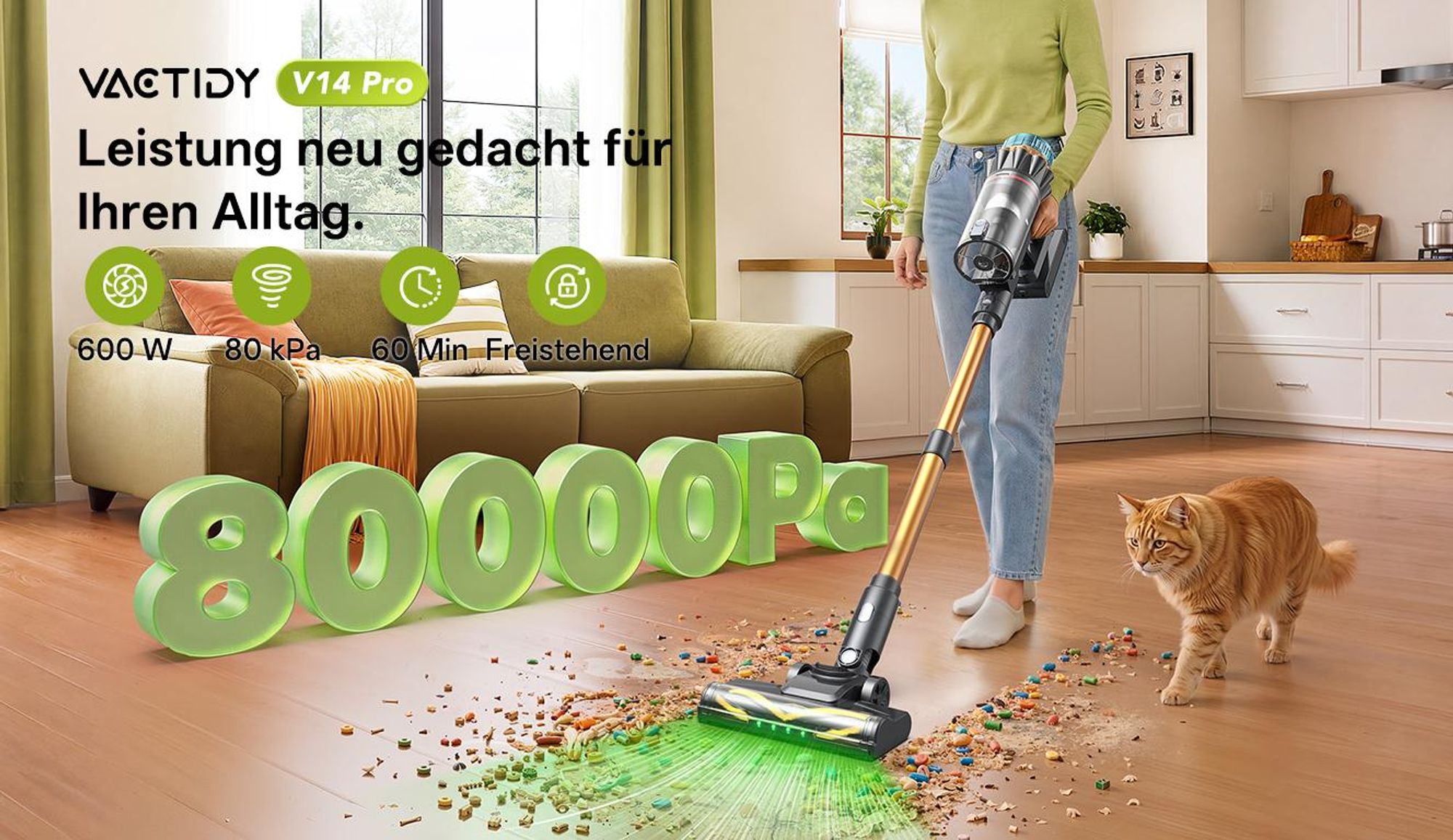 Vactidy V14 Pro Akku-Hand-und Stielstaubsauger, 80000 PA/ 600W/ 60Min, LED-Display, 6-stufiges Filtersystem