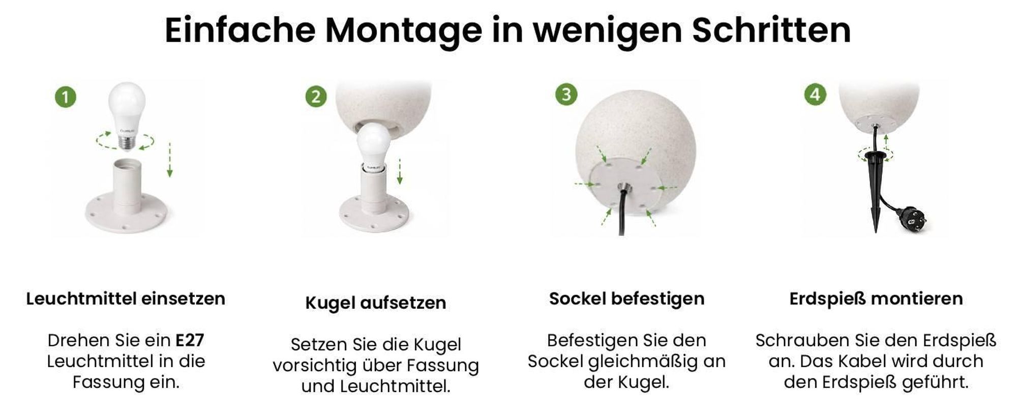 LUMILED Stein Kugelleuchte Außen 40cm Außenkugelleuchte Kugellampe Gartenkugel Außenleuchte Kugel Wegeleuchte IP44 E27 Fassung  Anschlusskabel 1,95m
