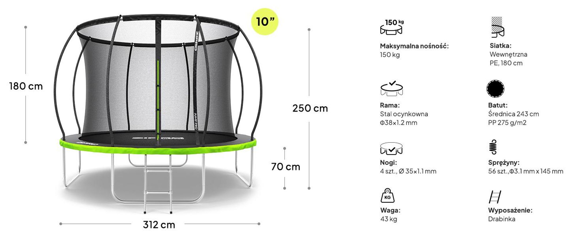 Trampolina ZIPRO Jump Pro Premium | 10FT Ø 312 cm | Trampolina ogrodowa Trampolina dla dzieci Kompletny zestaw z siatką, drabinką i osłoną brzegową, do użytku na zewnątrz, zielona