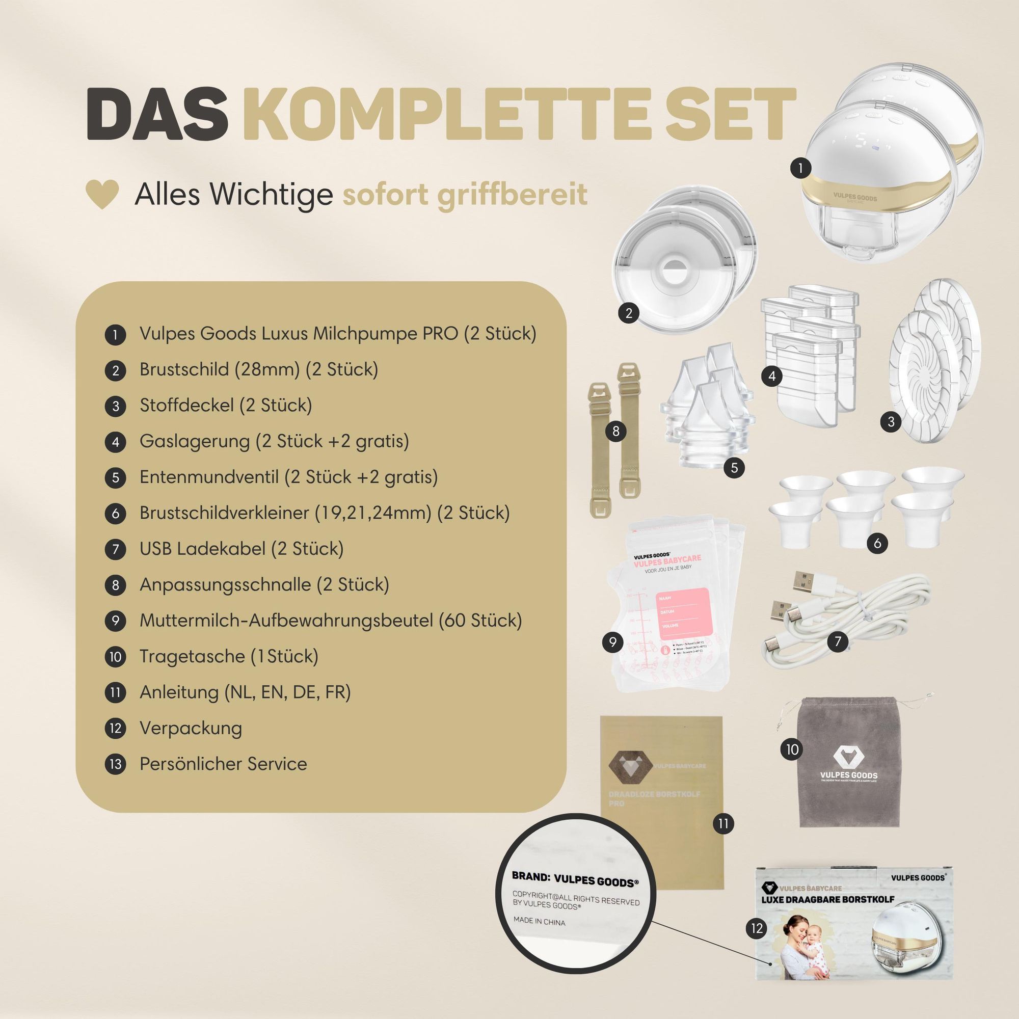 Vulpes Goods® Premium Elektrische Milchpumpe | Freihändige Milchpumpe und Auffangschalen für Muttermilch | Wiederaufladbare Milchpumpe mit Smartphone-