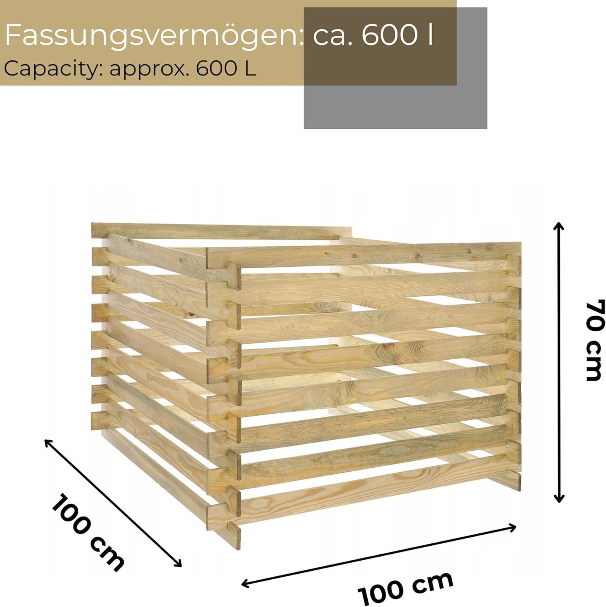 STOLMAK Komposter 600L 100x70x100 cm Kiefernholz Gartenkomposter Witterungsbeständiger Holzkomposter