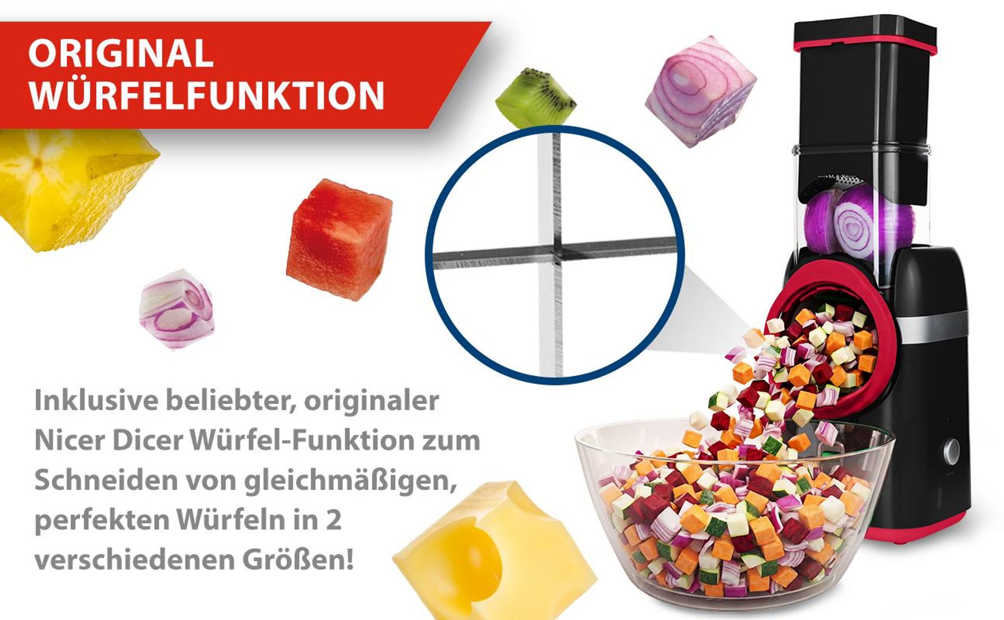 Genius Nicer Dicer Electro Gemüseschneider 25 tlg, elektrische Gemüsehobel für Würfel, Scheiben, Julienne, Küchenreibe Multizerkleiner Gemüse Obst