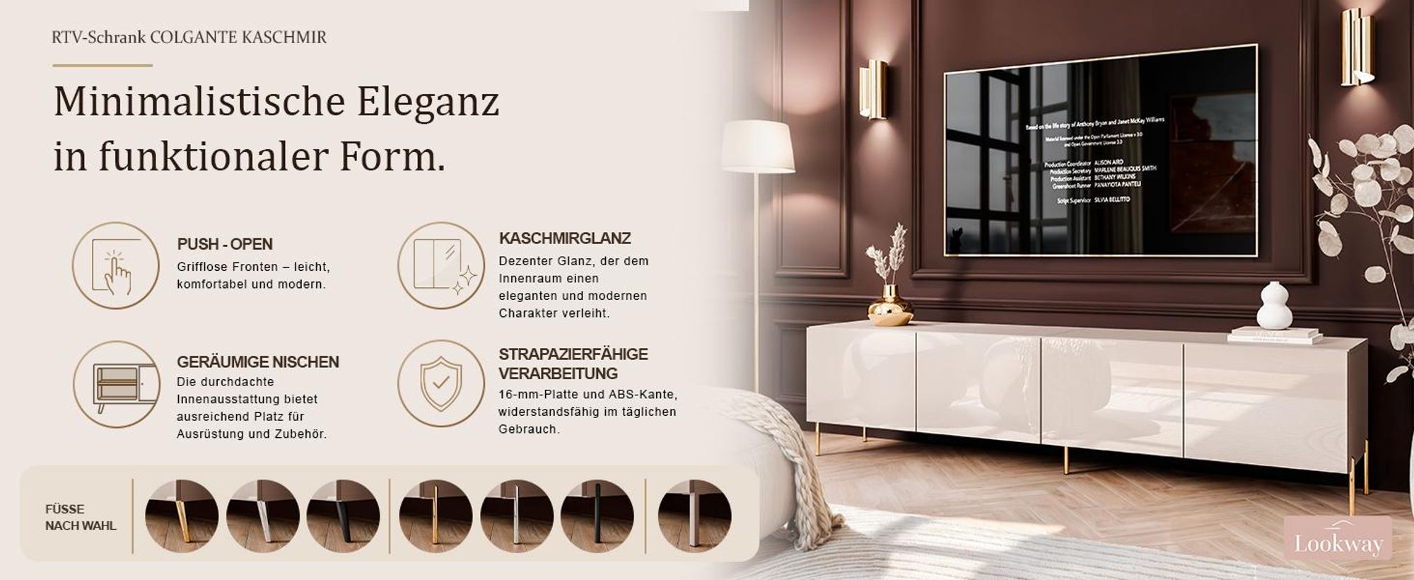 TV-Schrank COLGANTE 200 Kaschmir Hochglanz auf geraden kaschmirfarbenen Beinen mit LED-Beleuchtung