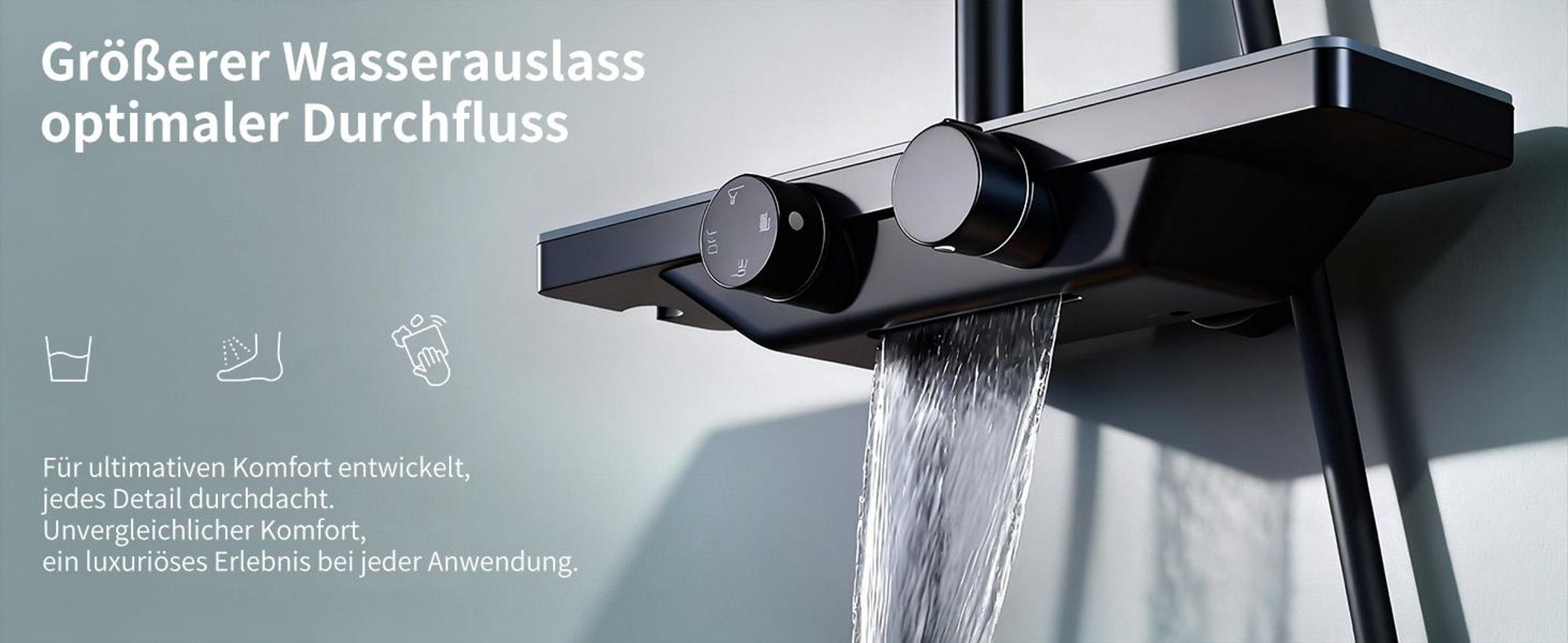 Duschsystem mit Thermostat und Glasablage in Schwarz Matt,Brausegarnitur 3 Strahlart(en), 12 Zoll Regendusche, 3-Funktions-Handbrause