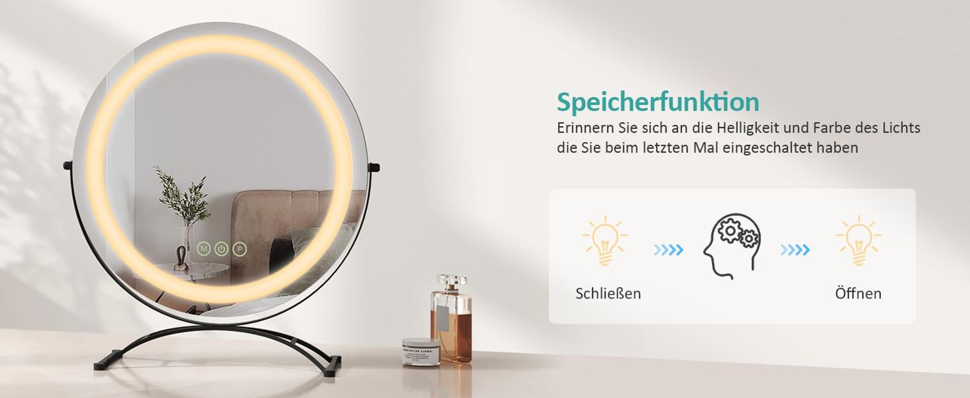 EMKE Schminkspiegel mit Beleuchtung, Hollywood Spiegel mit 3 Lichtfarben, Smart-Touch-Steuerung Schminktisch Spiegel mit Licht 360° drehbar, Einstellbare Helligkeit und Memory-Funktion (Φ400mm, Schwarz)