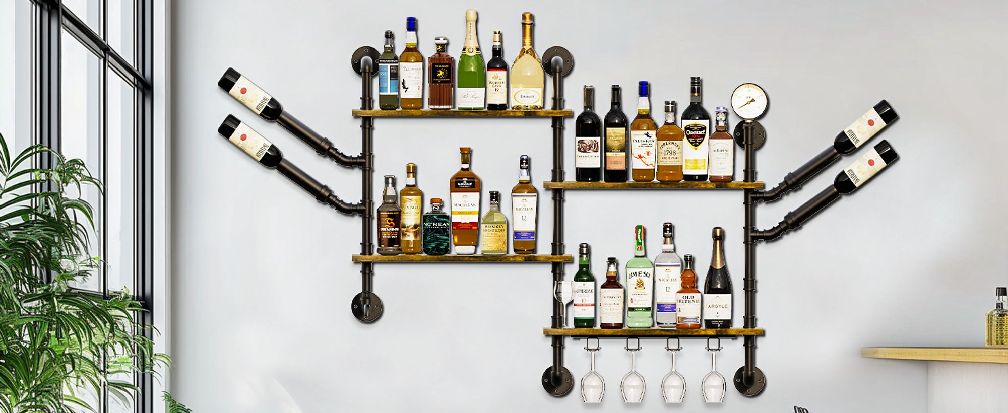 Weinregal Wandmontage Aus Kiefernholz – Für 9 Flaschen, Rustikales Design, Mit Eisenregalen, Für Bar & Küche