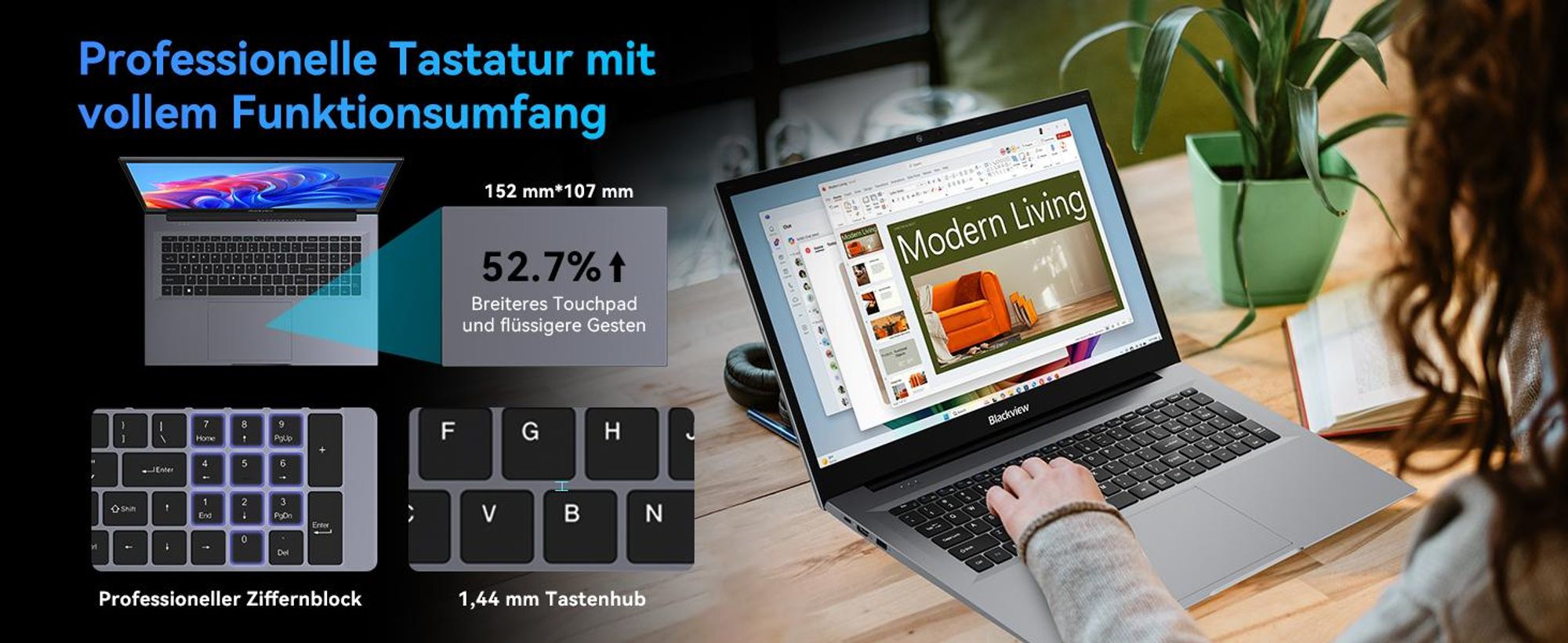 Blackview AceBook 10 18,5" FHD IPS Laptop mit 180&deg; Display & Blaulichtfilter - Intel N150, 16GB DDR4, 512GB SSD, 60,8Wh Akku, Win 11 Pro