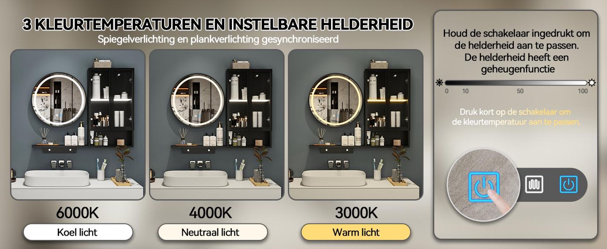 Puluomis Spiegelkast met LED-badspiegel, voorzien van een kast en open vakken, 3 lichtkleuren & dimbaar, anti-condens, bediening via touchpaneel, wandkast, zwart