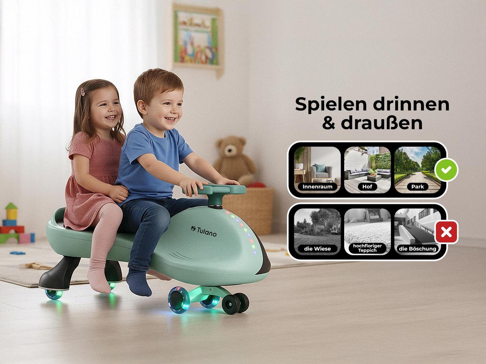 Rutschauto für Kinder Tulano Focus 35 LED -  Kinderfahrzeug - Maximale Tragfähigkeit von 100 kg - Auto Swing Car Rutscher
