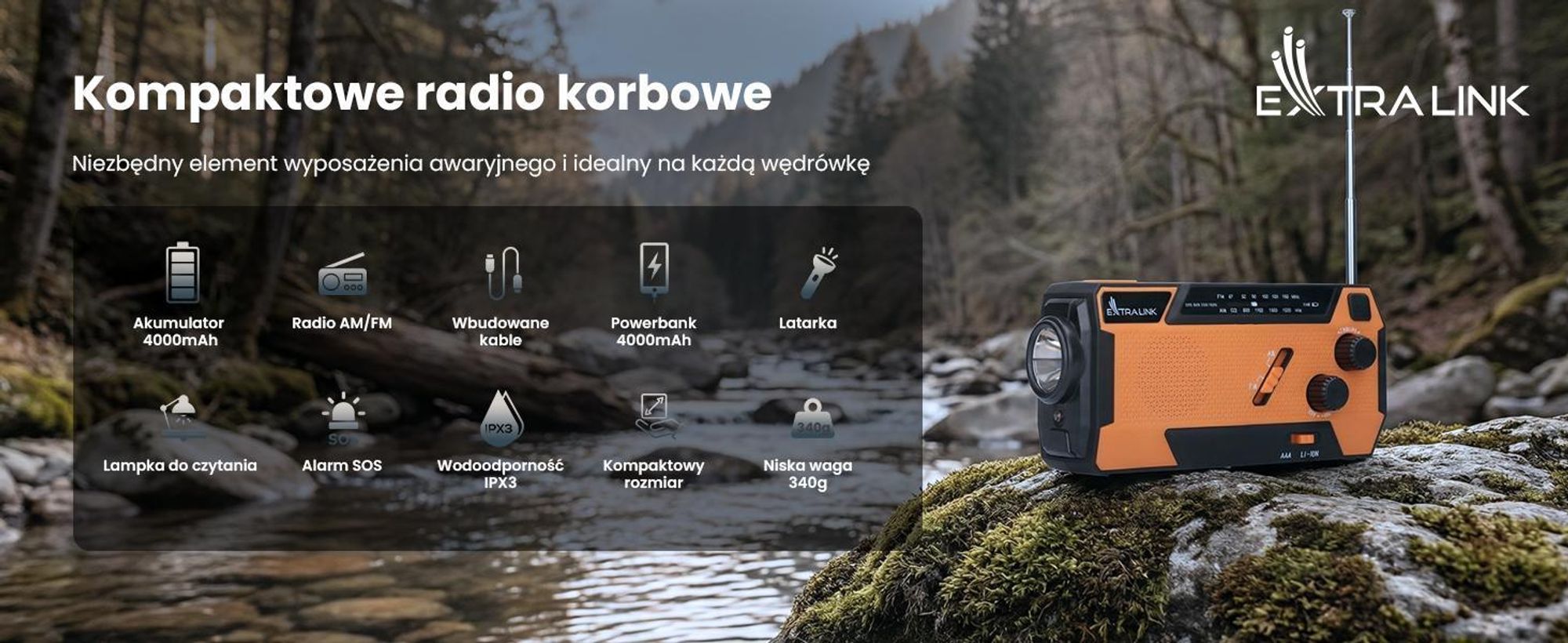 Extralink RADIO AWARYJNE SOLARNE Z KORBKA DYNAMO POWERBANK 4000MAH Z LATARKA SOS SR-4000, Przenośny, Analogowy, AM, FM, 87 - 108 MHz, 552 - 1620 kHz, 3 W