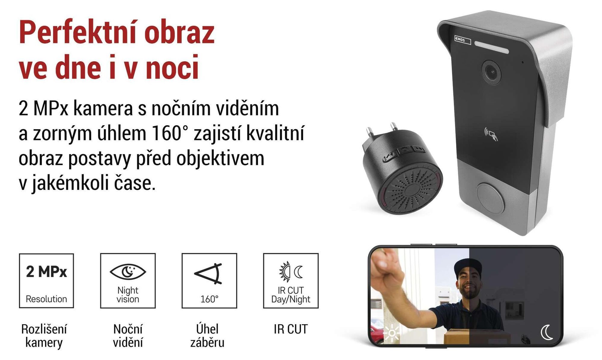 EMOS GoSmart videozvonek s aplikací, 1vodičové připojení Ethernet, vodotěsný, kamera FullHD 2Mp, včetně zvonku, napájecí jednotky, čipů RFID, H4033