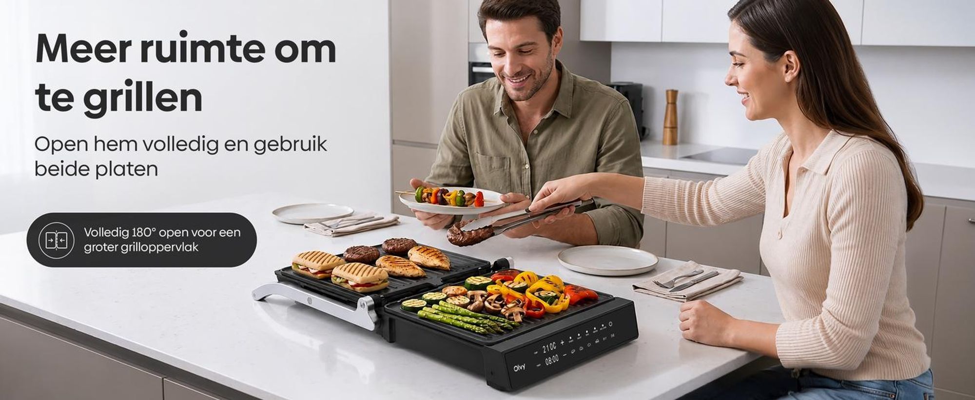 Olvy Contactgrill, 2000W, Elektrische grill, Sandwichmaker, 5 programma's, Paninigrill, Grilltoaster voor binnen, PFAS-vrije platen, Tafelgrill