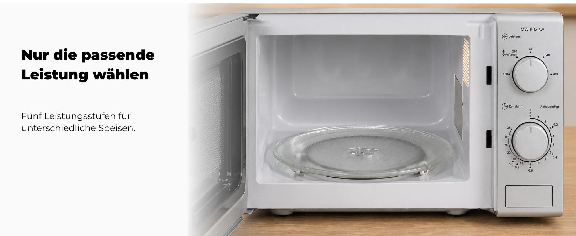 Exquisit Mikrowelle MW 802 Silber | 700 Watt | 5 Leistungsstufen | Timer Timer | Auftaufunktion | 25,5cm Ø Drehteller