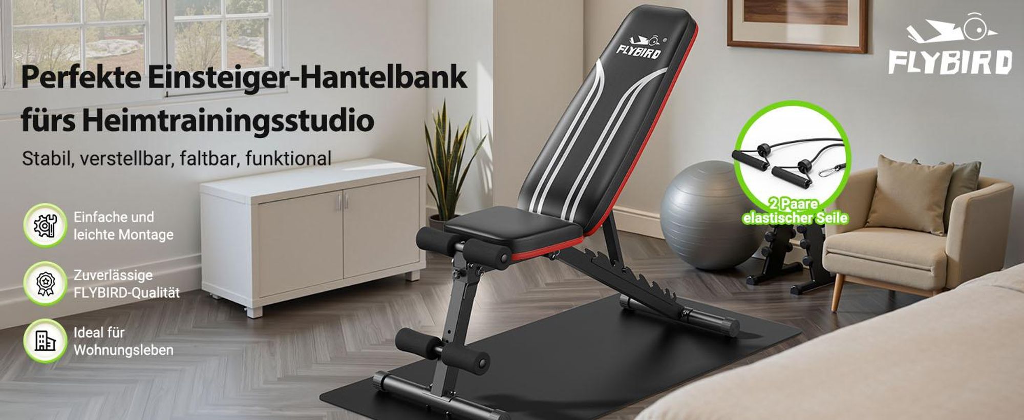 FLYBIRD Multifunktionale Hantelbank, 317 kg maximale Belastbarkeit, inklusive Resistenzbändern, verstellbare Trainingsbank für Ganzkörpertraining zu
