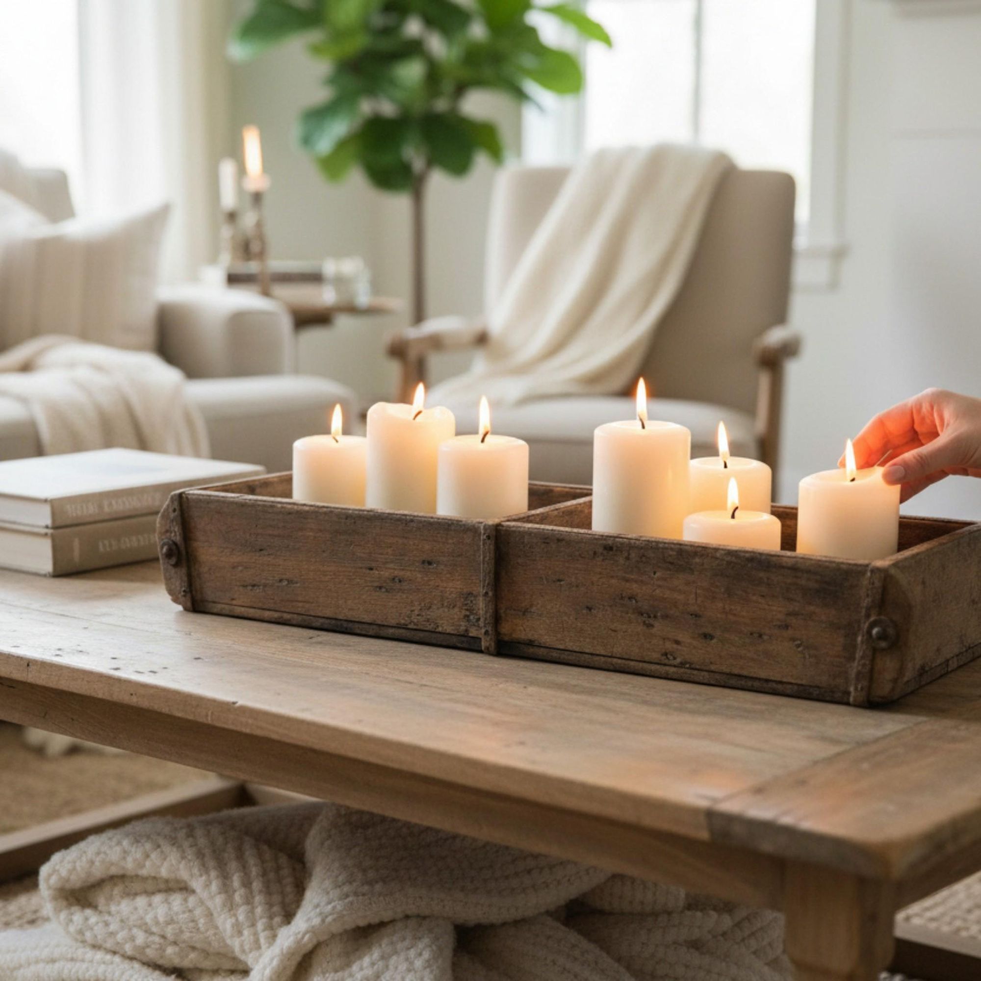 Holzkasten mit Kerzen