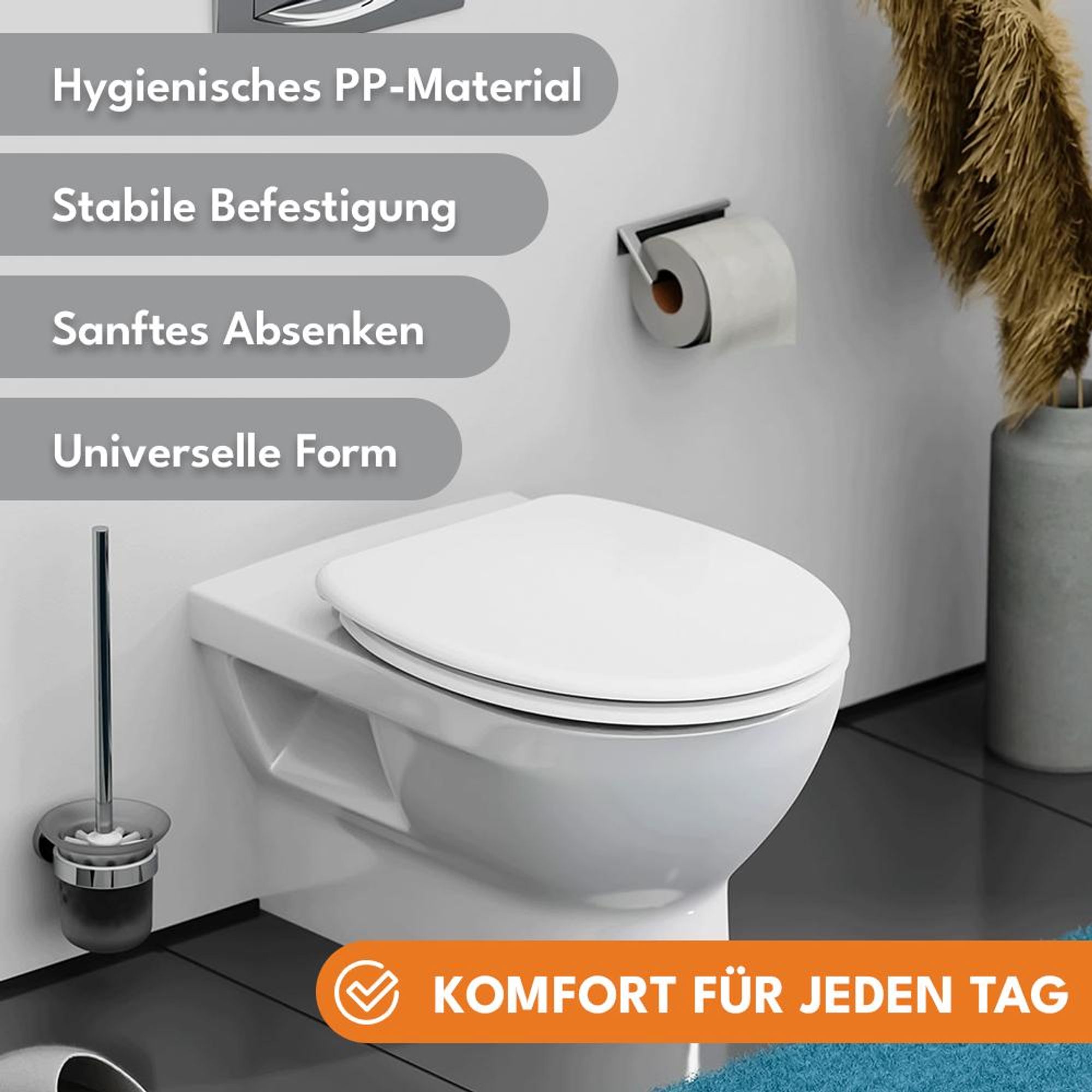 KRUMAD Toilettendeckel mit Absenkautomatik - WC Sitz aus hochwertigem PP mit Softclose, Schnellverschluss & verstellbarer Befestigung 13–20 cm
