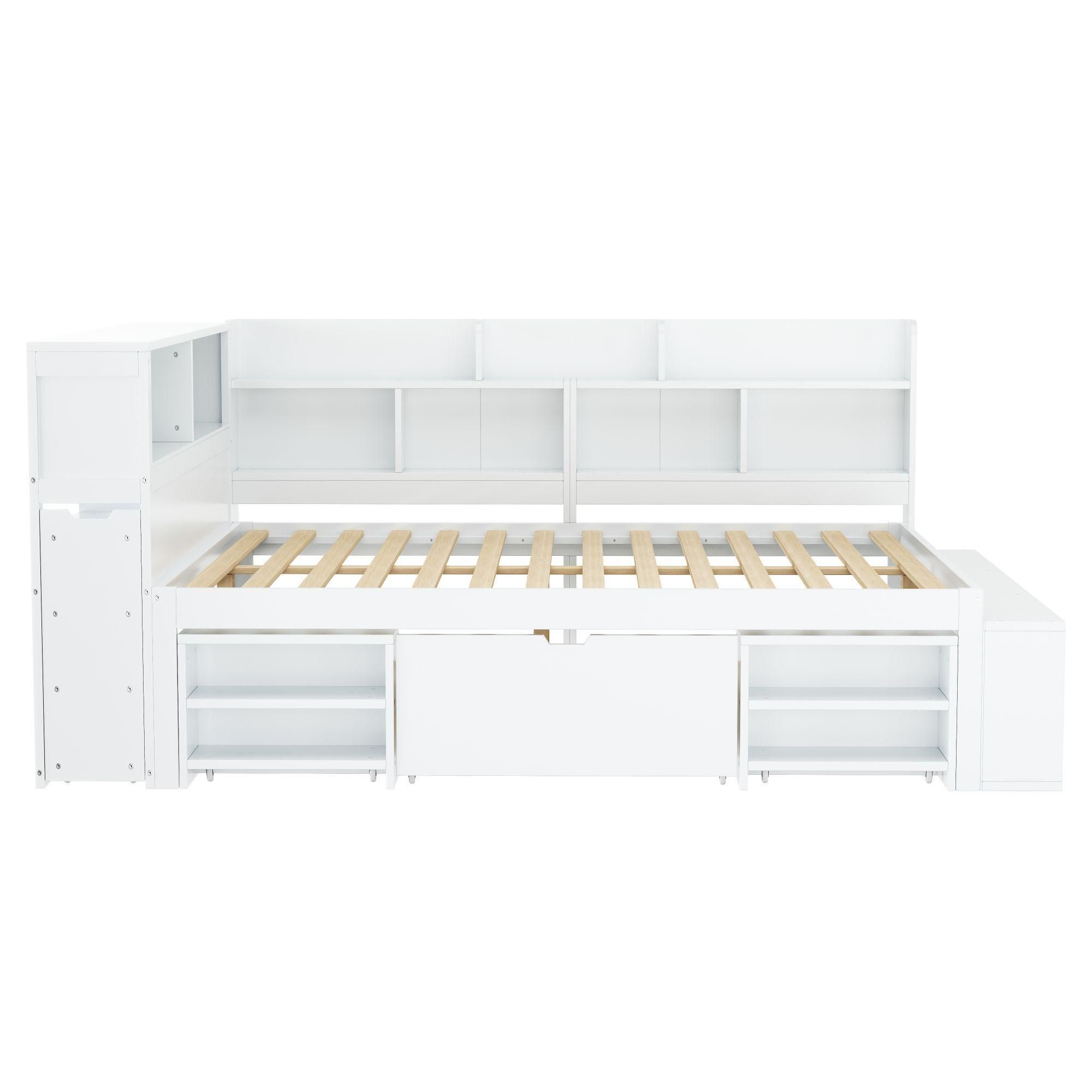 Flieks Holzbett Klassisches Bett Stauraumbett 90x190cm mit Ausziehbarem Schrank, Einzelbett Jugendbett mit Staufach, Kinderbett mit Lattenrost, Weiß