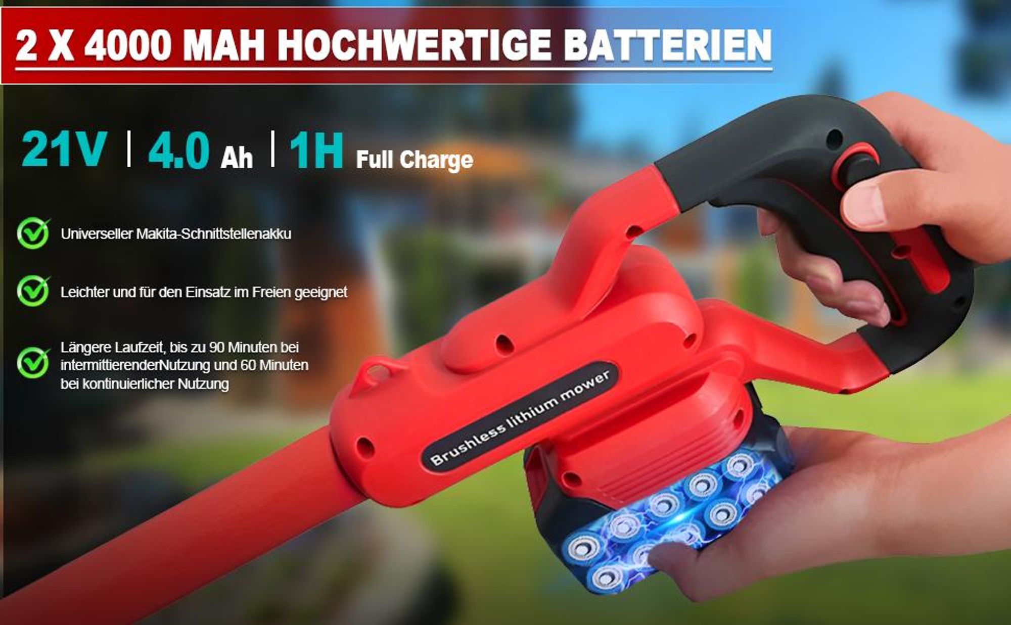 Akku Rasentrimmer mit 2x 4000mAh Akkus, Höhenverstellbar, Leichtgewicht, Freischneider mit Unkrautbürste, Sägeblatt, Kunststoff & Metallklingen