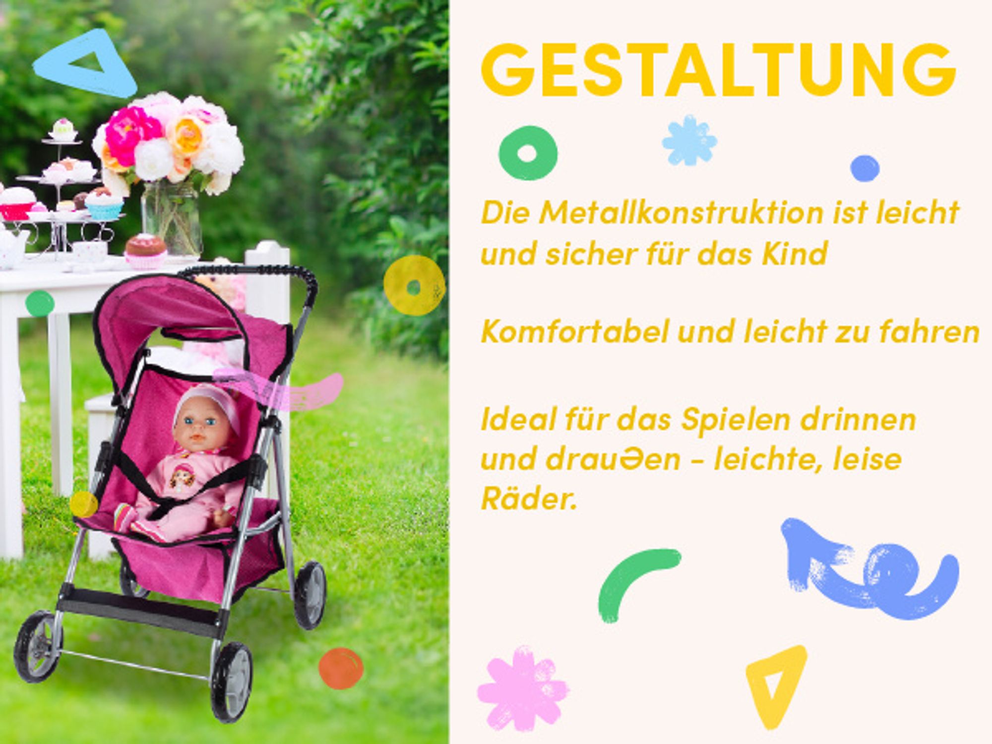 Puppenwagen mit klappbarem Verdeck in rosa