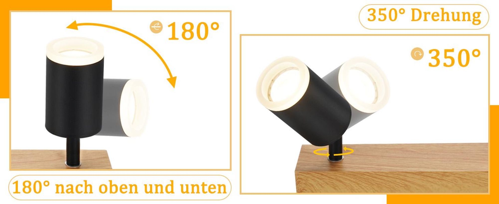 ZMH Deckenstrahler Schwarz 2 Flammig - Küchenlampe GU10 Holz Wandstrahler 350°Drehbar Vintage Flur Strahler Retro Industrial Ohne Leuchtmittel