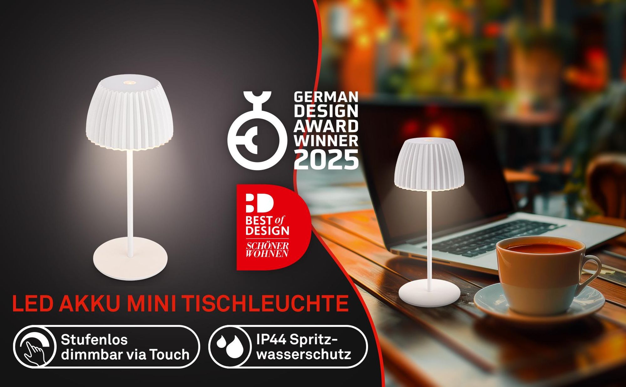 Riffle Mini LED Tischlampe Akku Tischleuchte Dimmbar Kabellos Touch IP44 Weiß