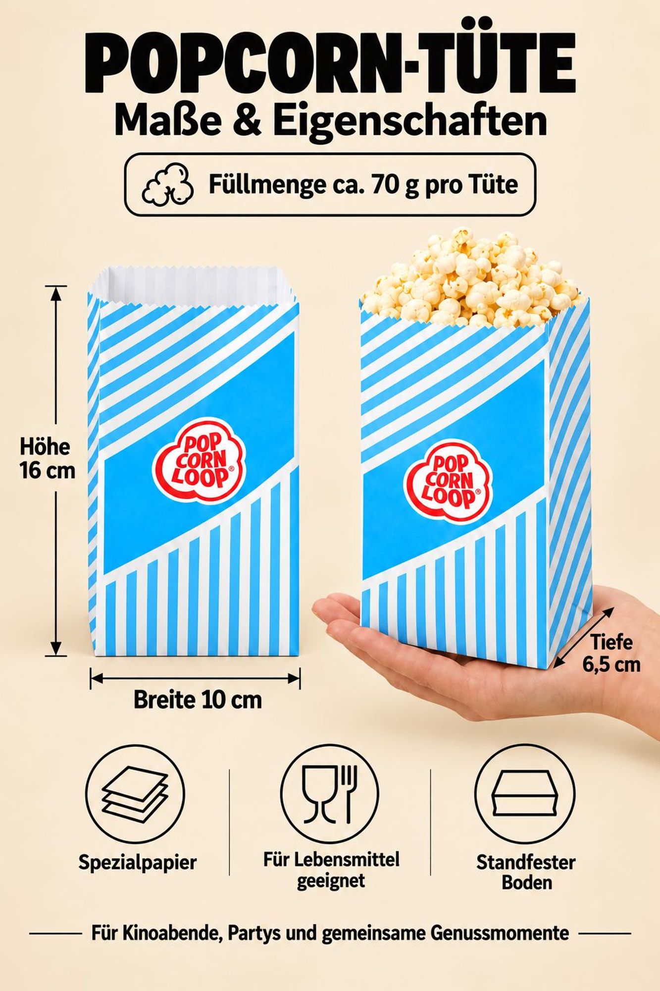 Popcornloop ® Blaue Popcorntüten 50 Stück Popcorn Box Tüten CandyBar Hochzeit Papier Süßigkeiten Boxen für Party Papier Behälter Blau Weiß Snackbox