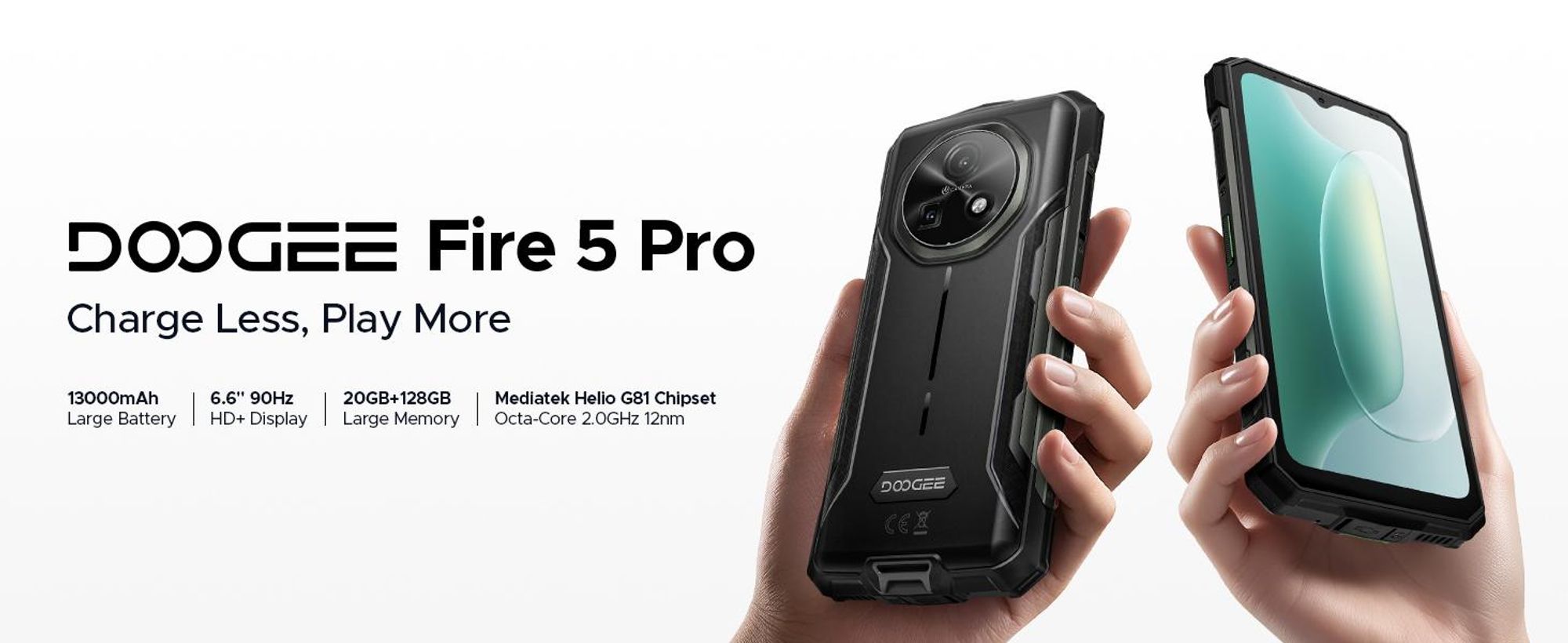 DOOGEE Fire 5 Pro – outdoor smartphone, Android 15, 4G, ochrana IP68/IP69K, 6,6" displej s obnovovací frekvencí 90 Hz, baterie 13000 mAh, nabíjení 18W, 20+128 GB, fotoaparát 13 MP, NFC, čtečka otisků prstů, bez smlouvy