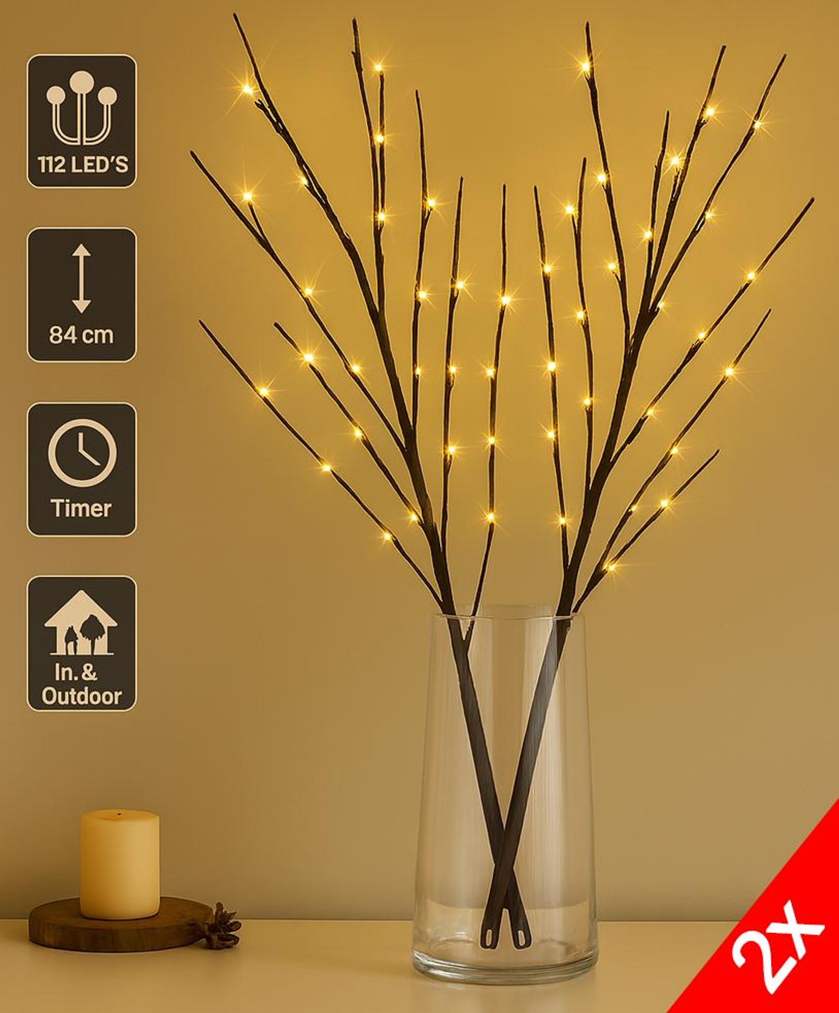 2x LED Deko Zweig 84 cm Schwarz mit 112 warmweißen LEDs, Timerfunktion, Batteriebetrieben, IP44 für Innen & Außen, flexible Äste