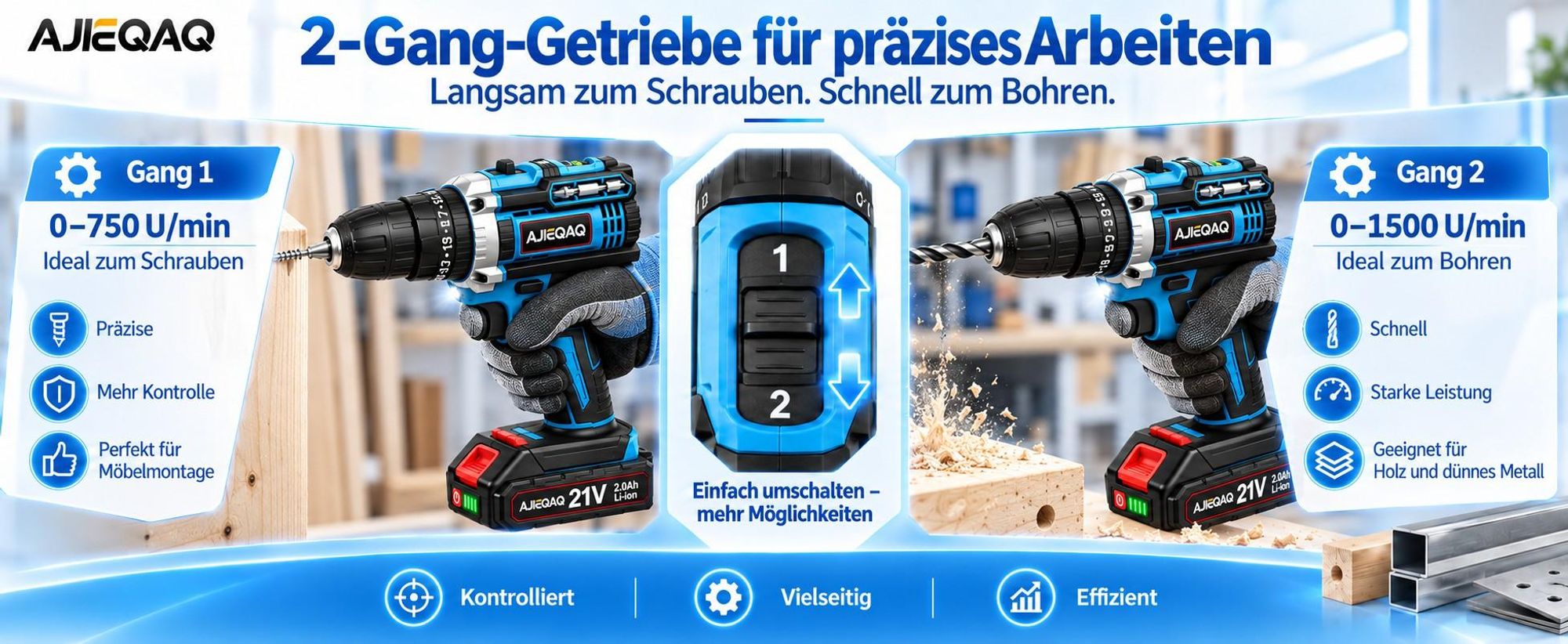 AJIEQAQ Akkuschrauber 21V MAX, 45Nm, 18+1, 2-Gang, 2×2,0Ah Akku, LED, Wasserwaage & Werkzeugkoffer