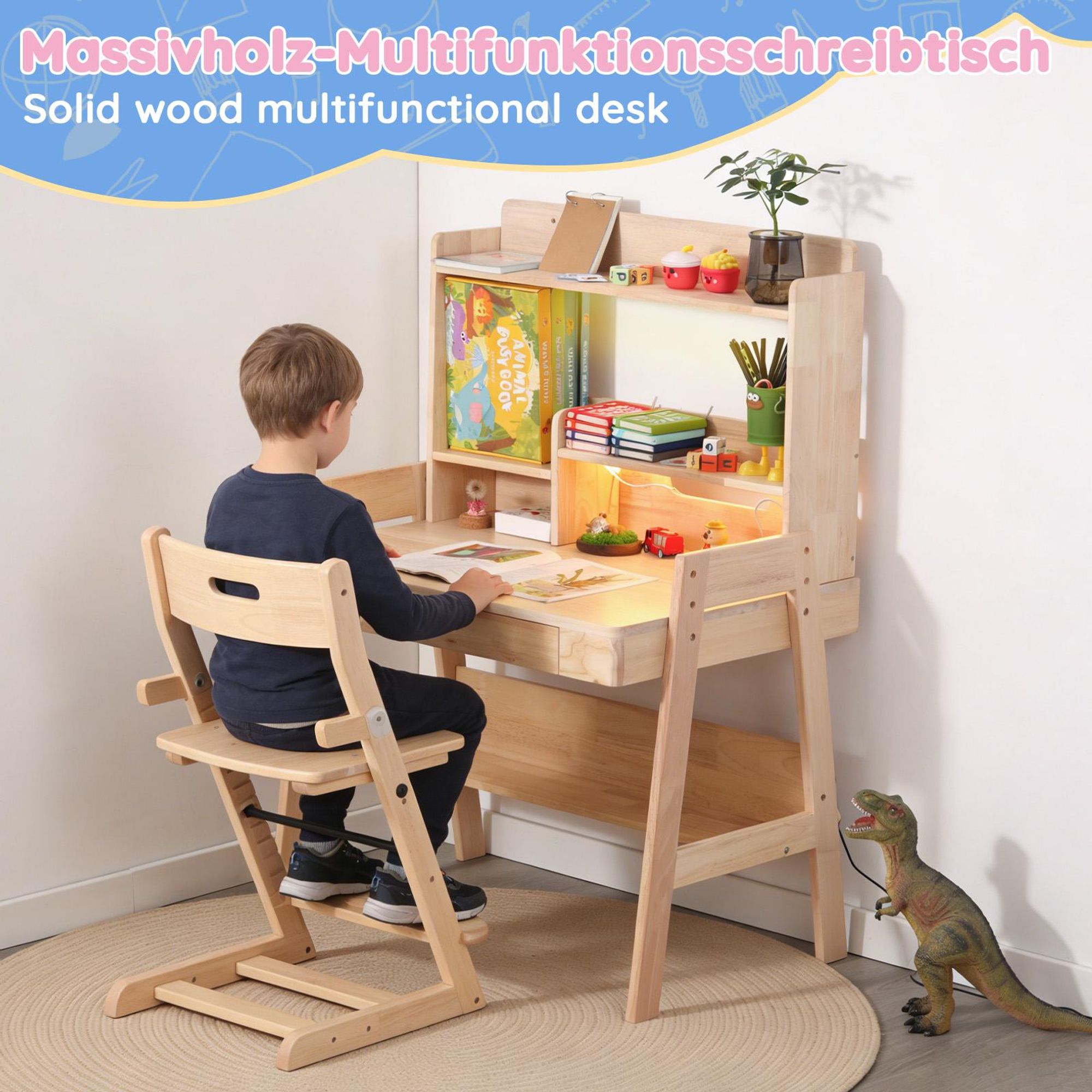 Kindertisch, Höhenverstellbarer Kinderschreibtisch aus Massivholz, für Kinder ab 6 Jahren