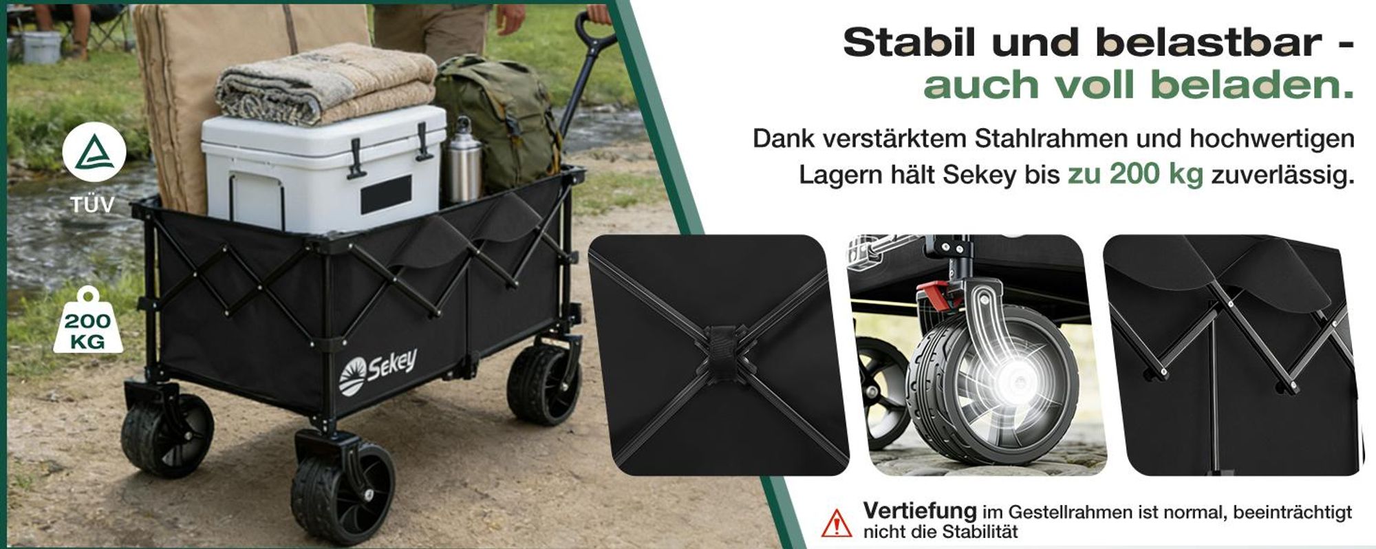 Sekey XXL Plus Bollerwagen Faltbar mit Extra Breite Räder, Faltbollerwagen belastbar 200kg Handwagen Klappbar Transportwagen, Schwarz