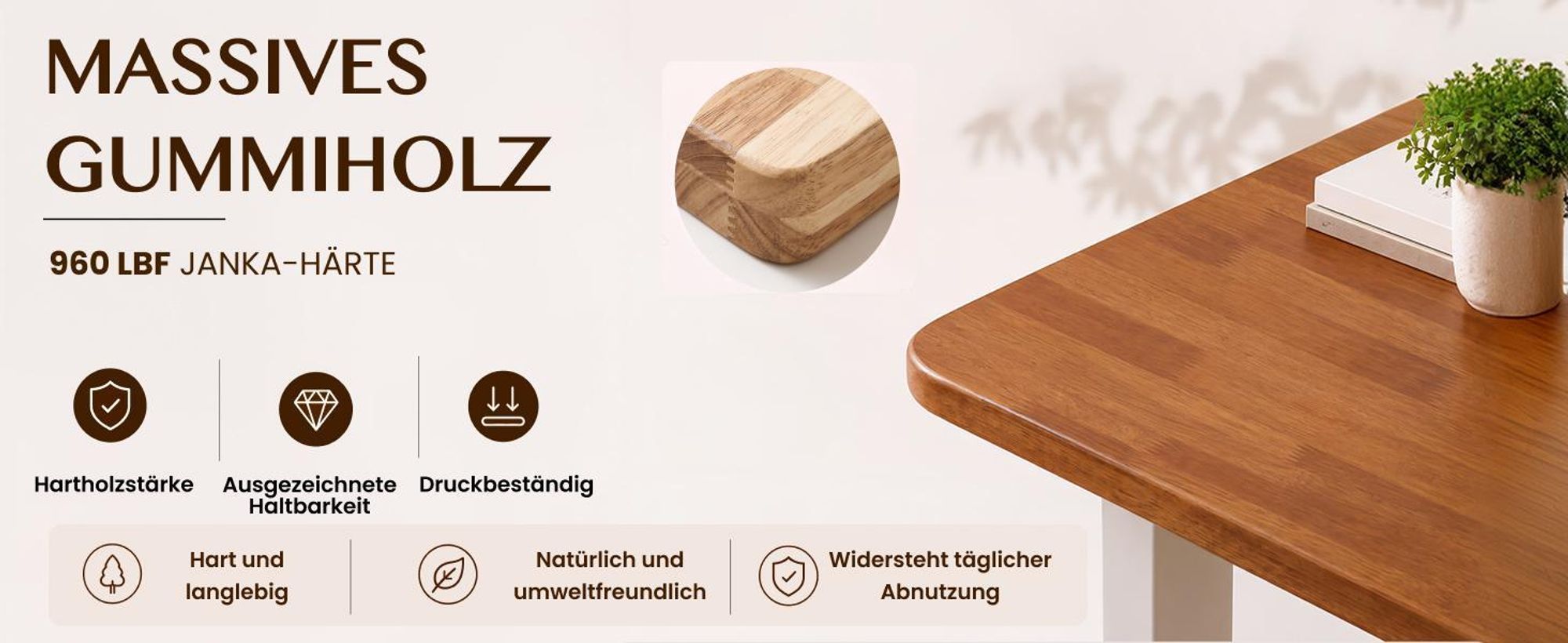 FLEXISPOT Massivholz-Tischplatte aus Gummibaumholz 160x80 cm, 25 mm stark, einteilige Tischplatte mit vorgebohrten Löchern