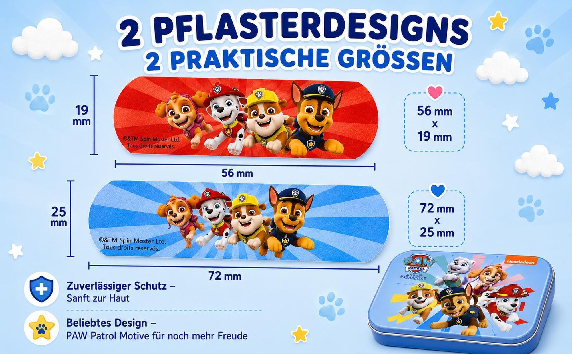 Paw Patrol Kinderpflaster Lizensiertes Produkt - Metall-Box - 24 Pflaster - Schönes Design Pflaster Aufbewahrungsbox für Kinder - 1 Box