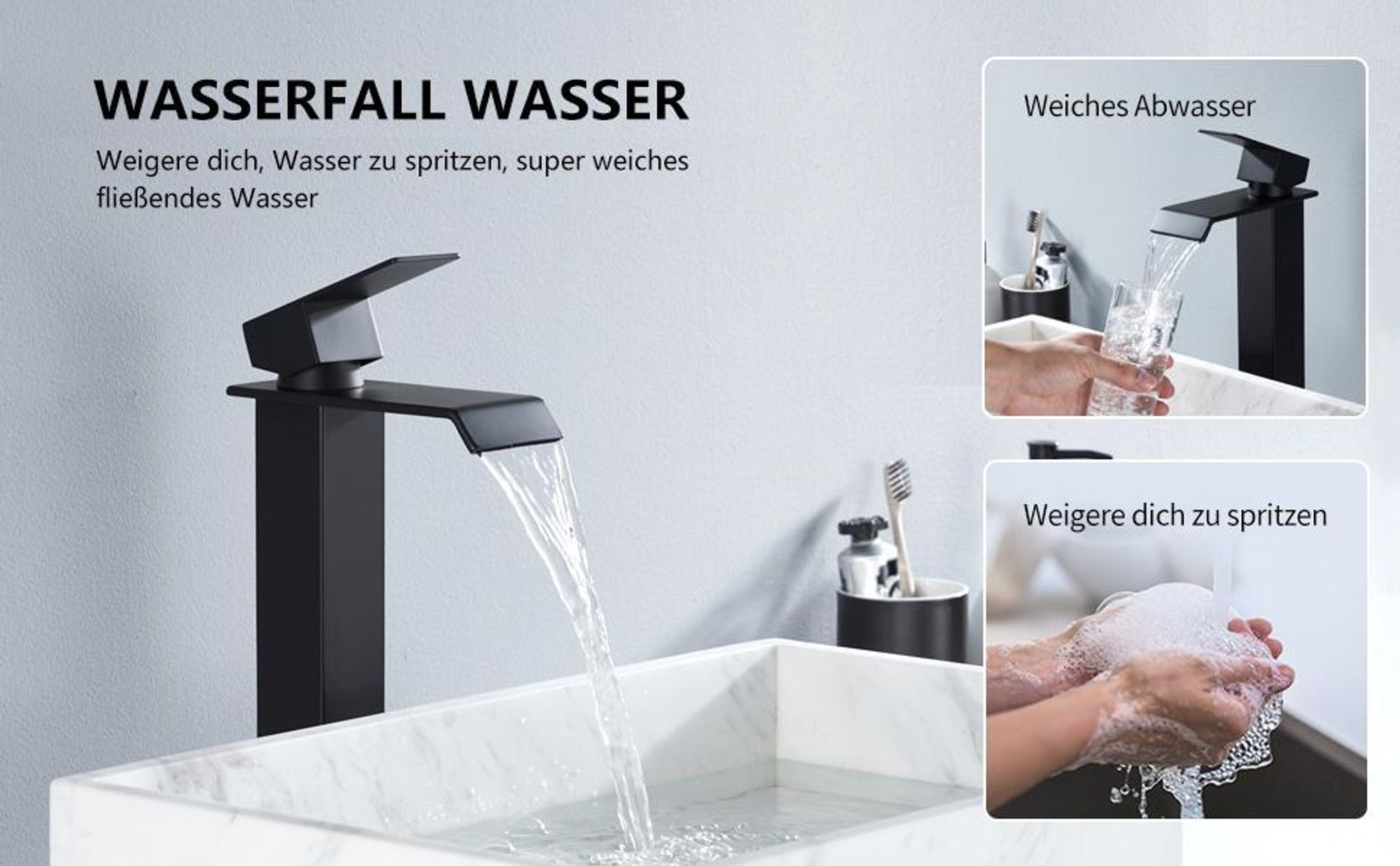 Homelody Wasserhahn Bad Wasserfall Badarmaturen Schwarz Hoch Einhandmischer Mischbatterie mit Ablaufgarnitur 1 1/4 Zoll Messing Ventil Ablauf
