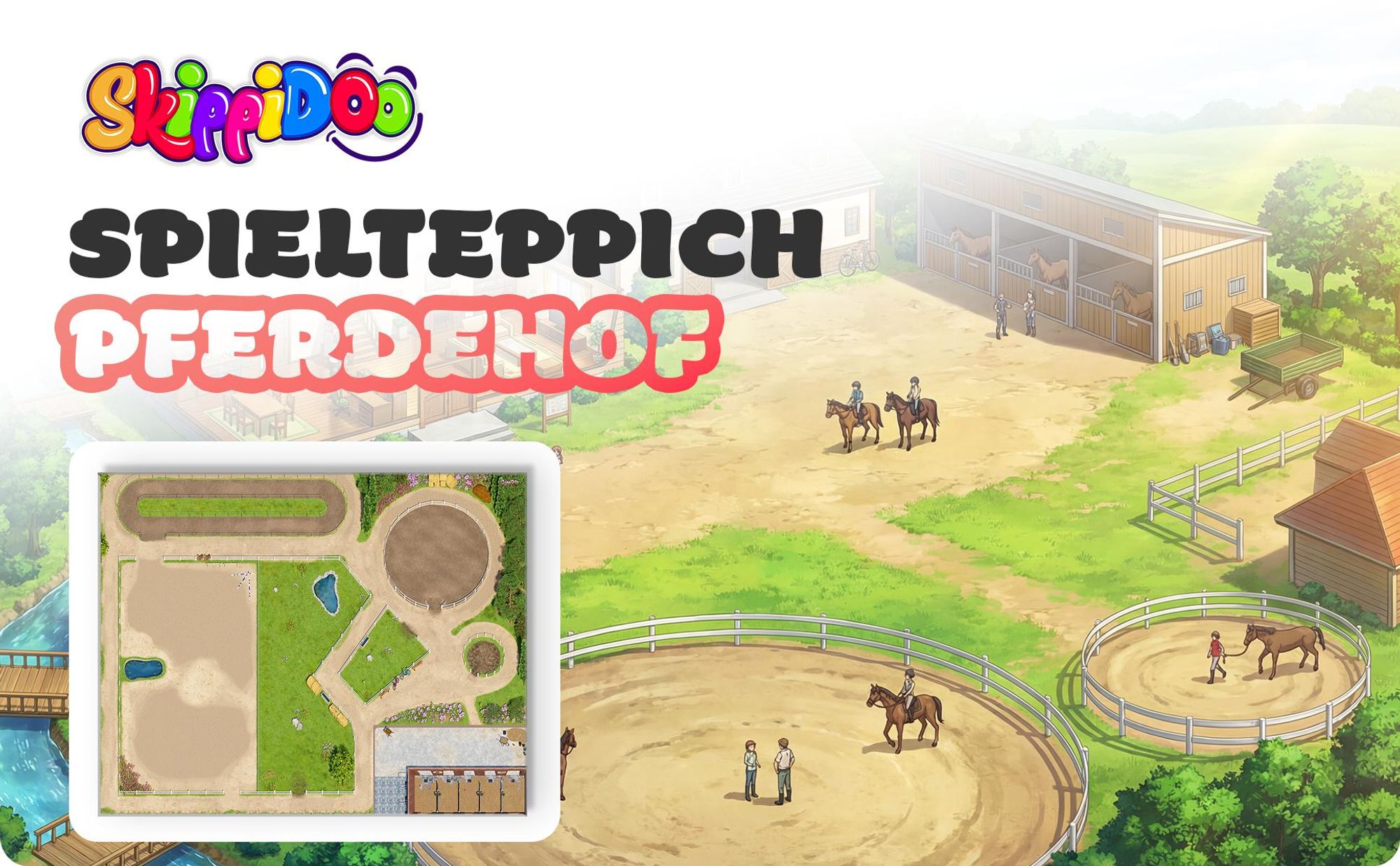 Pferde Spielteppich Großer Reiterhof Größe: 200cm x 160cm - Teppich Jungen & Mädchen Kinderzimmer, Kinderteppich für z.B. Schleich®, CollectA® Figure