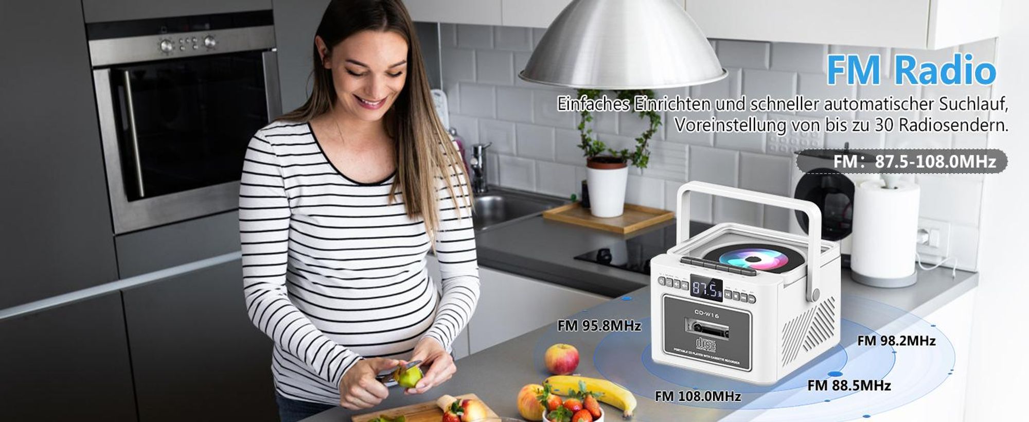 CD Player, Bluetooth Lautsprecher, Kassettenspieler mit UKW Radio, 5000mAh wiederaufladbare Akku, mit Fernbedienung, AUX/USB/SD Karte-In